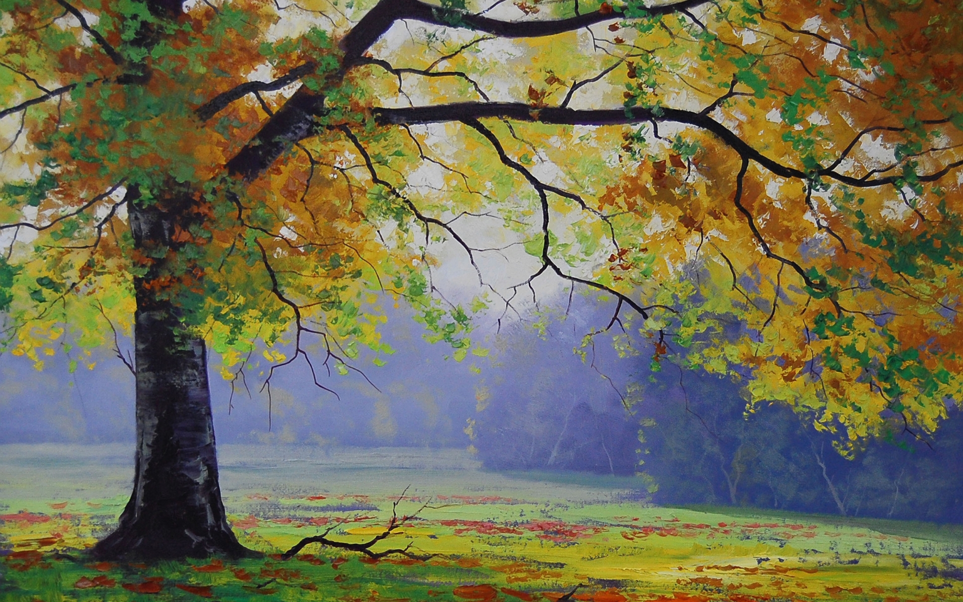Autumn Tree & Grass Painting desktop PC and Mac wallpaper