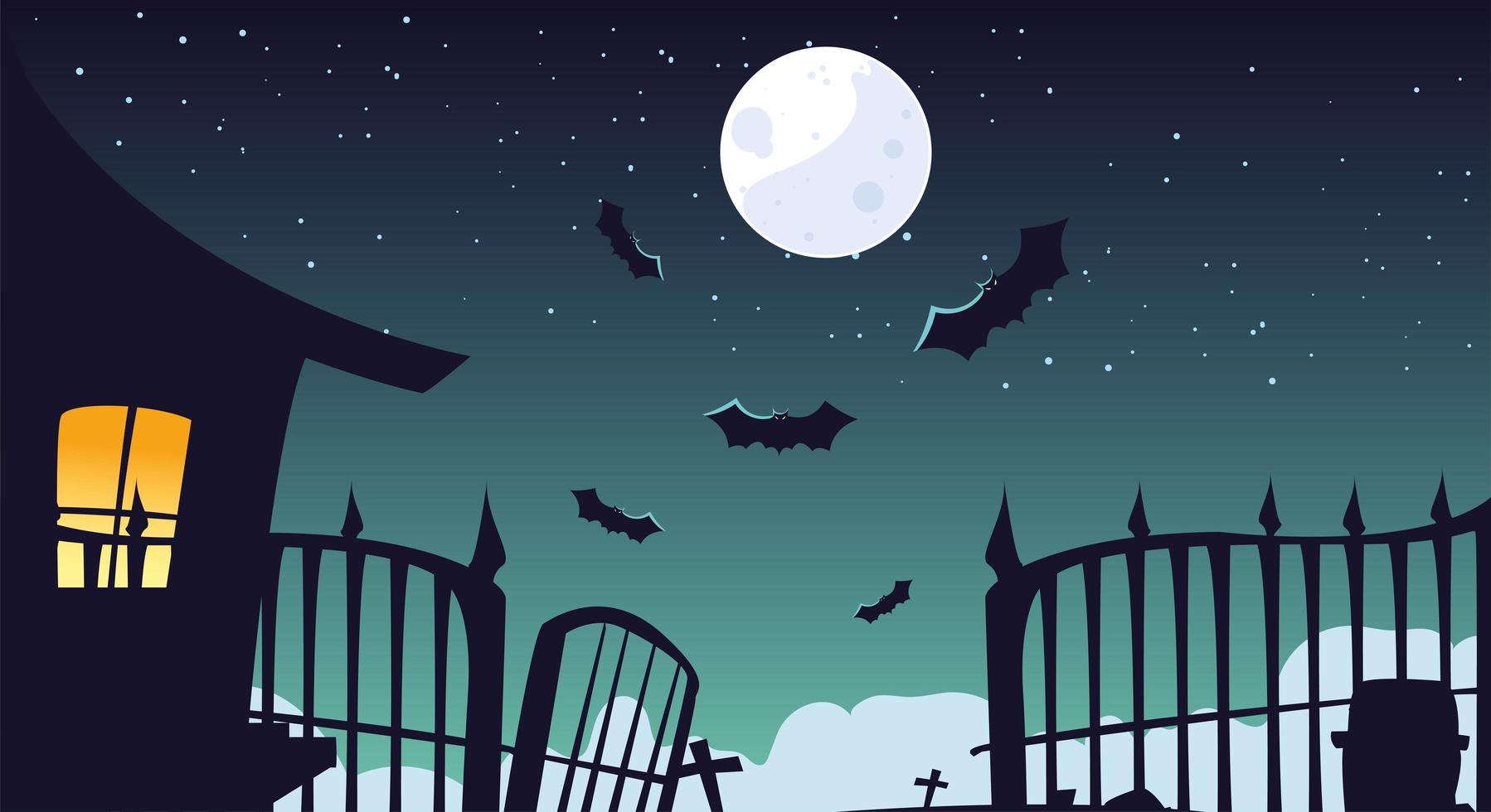 halloween background with haunted house on spooky graveyard