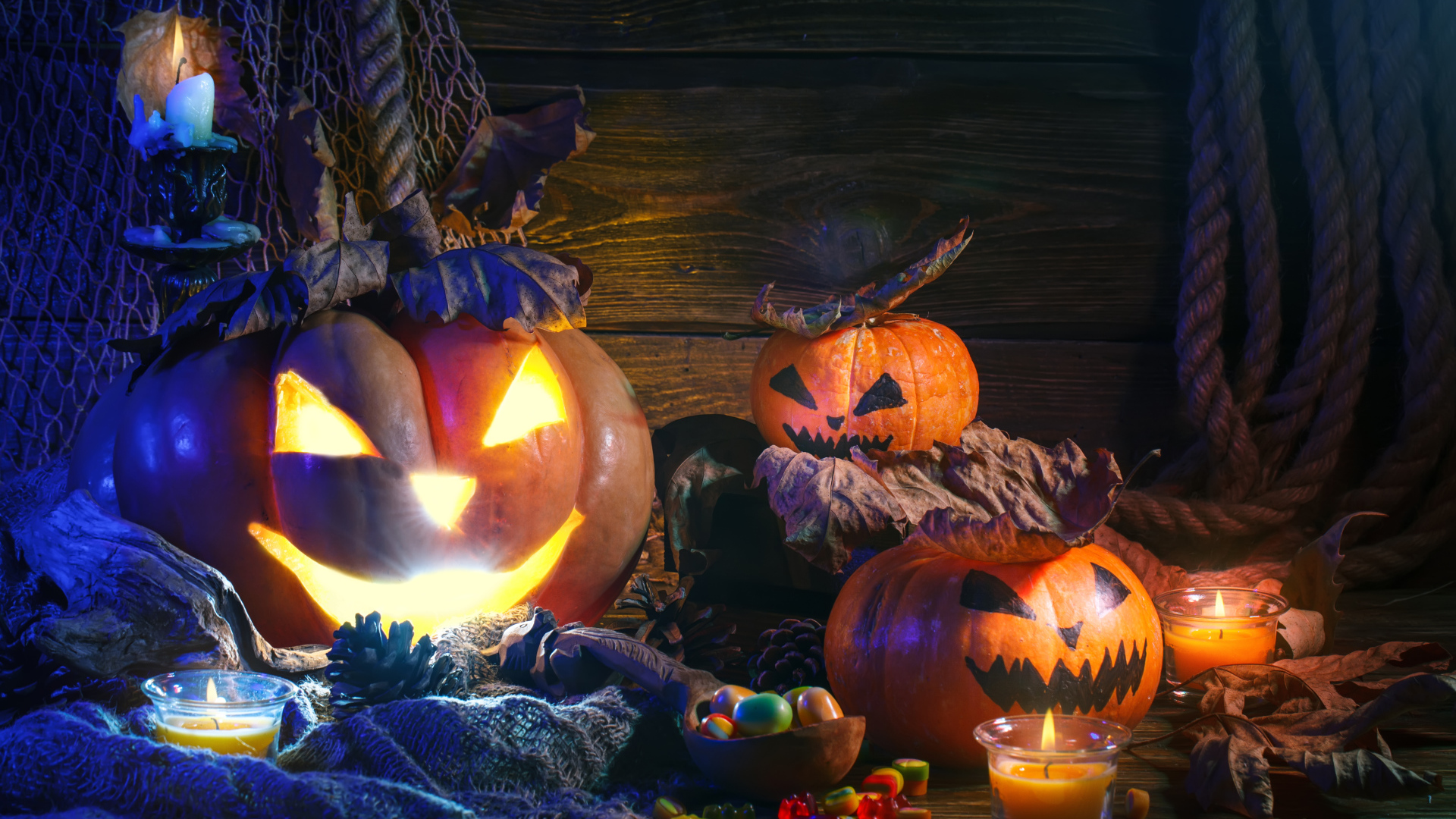 Pumpkin and sweets for Halloween Desktop wallpaper 1920x1080