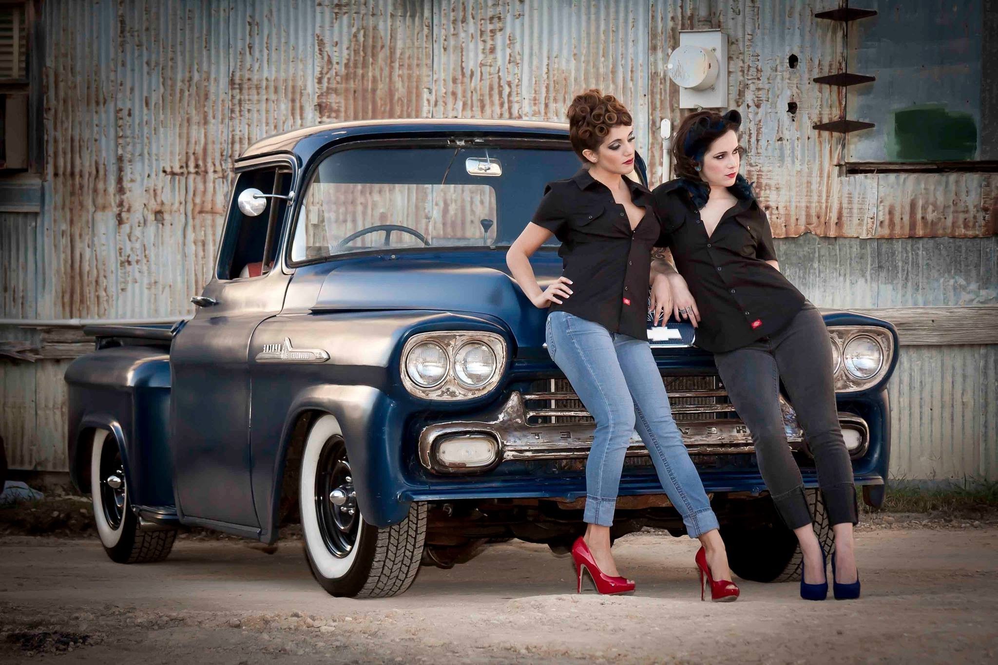 women car jeans women with cars old car chevrolet pickup trucks wallpaper HD Wallpaper