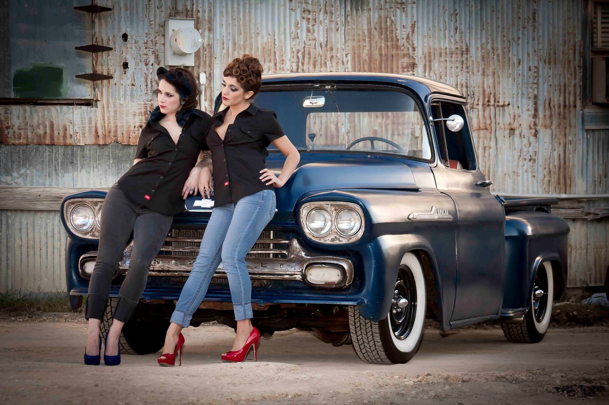 #car, #jeans, #women, #high heels, #couple, #model, #pickup trucks, #old car, #women with cars, #blue cars, #Truck, #Chevrolet, wallpaper HD Wallpaper
