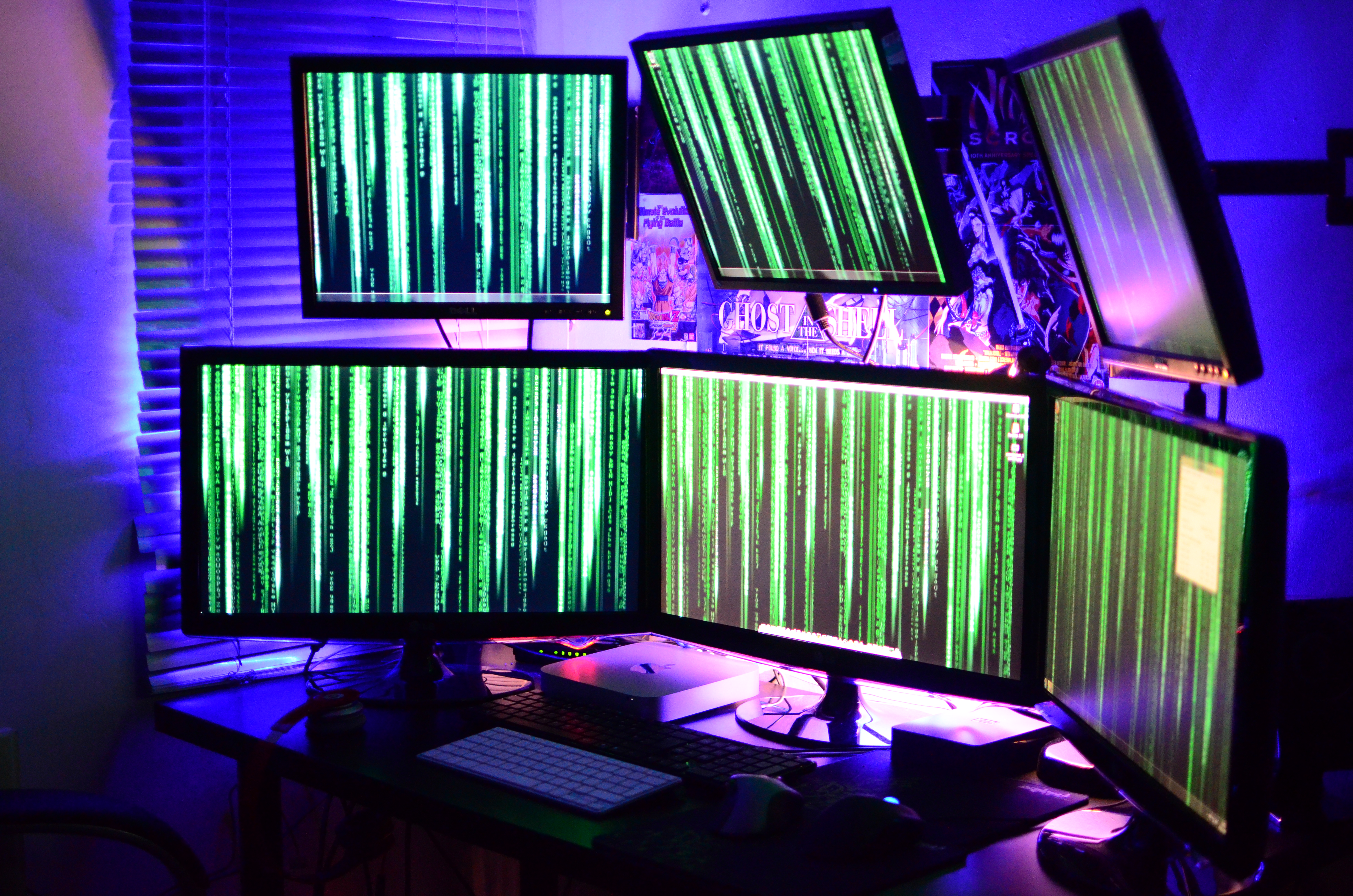 Wallpaper, dark, architecture, cyberpunk, room, purple, table, computer, monitor, technology, cave, Matrix, hacking, interior design, punk, desk, Dell, cyber, Mini, low, geek, LG, light, d7000, lighting, stage, screen, mac, wallpaper, six