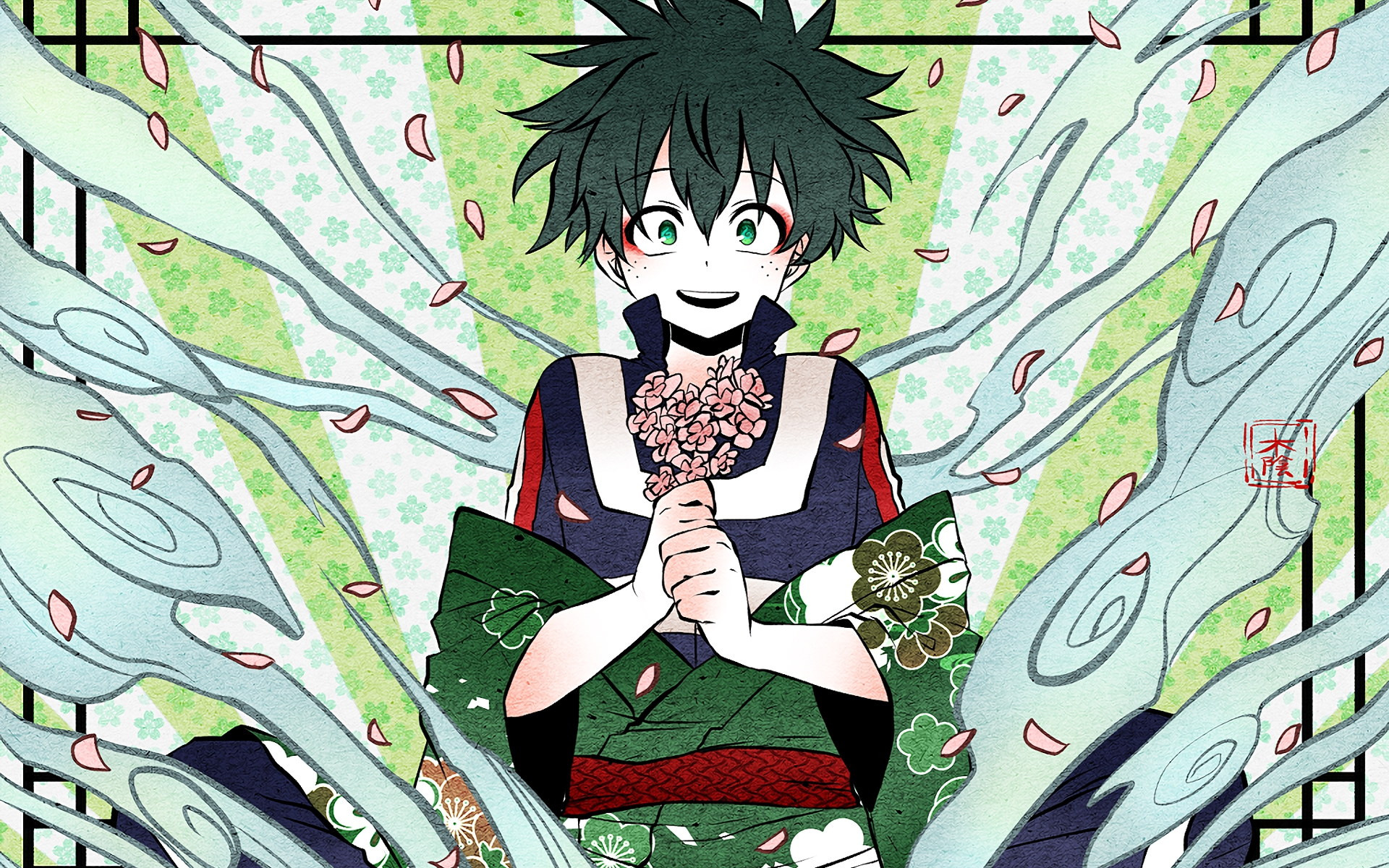 Desktop Wallpaper Izuku Midoriya, Flowers, Anime Boy, HD Image, Picture, Background, 1d389b