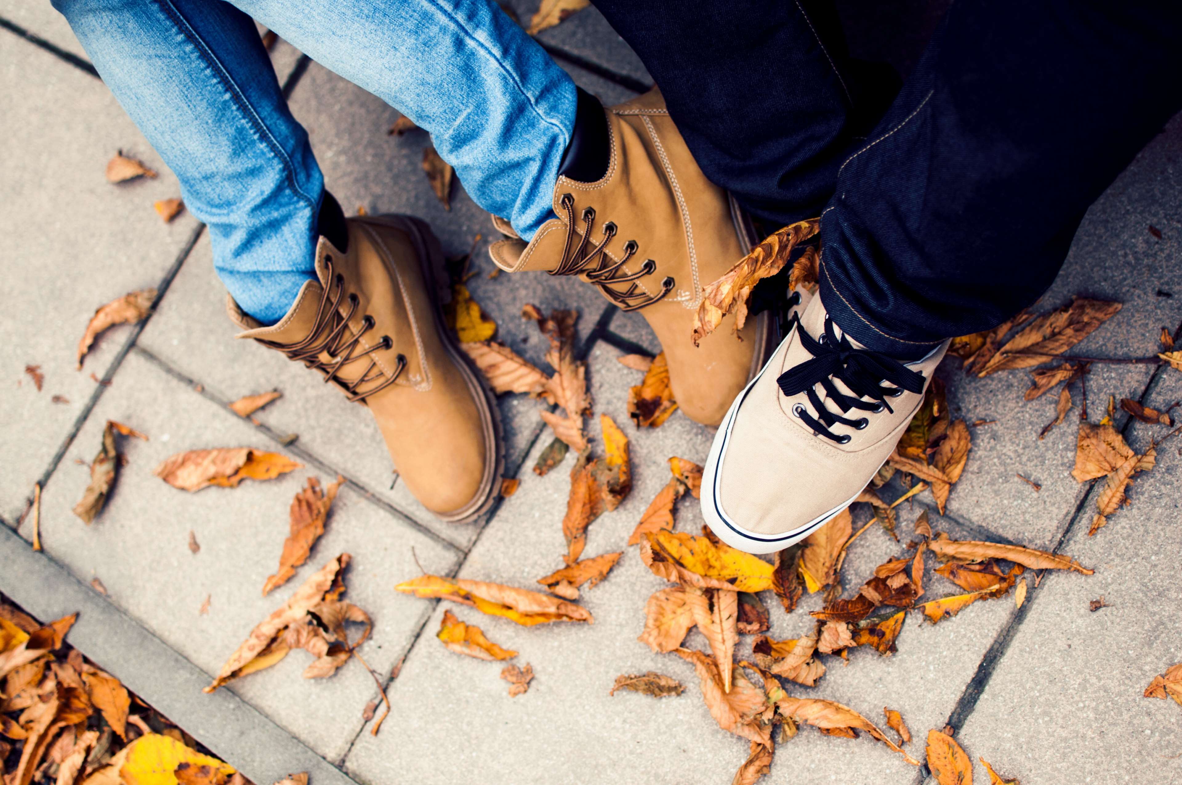 autumn, boots, fall, jeans, leaves, legs, man, shoes, snickers, woman 4k wallpaper. Mocah HD Wallpaper