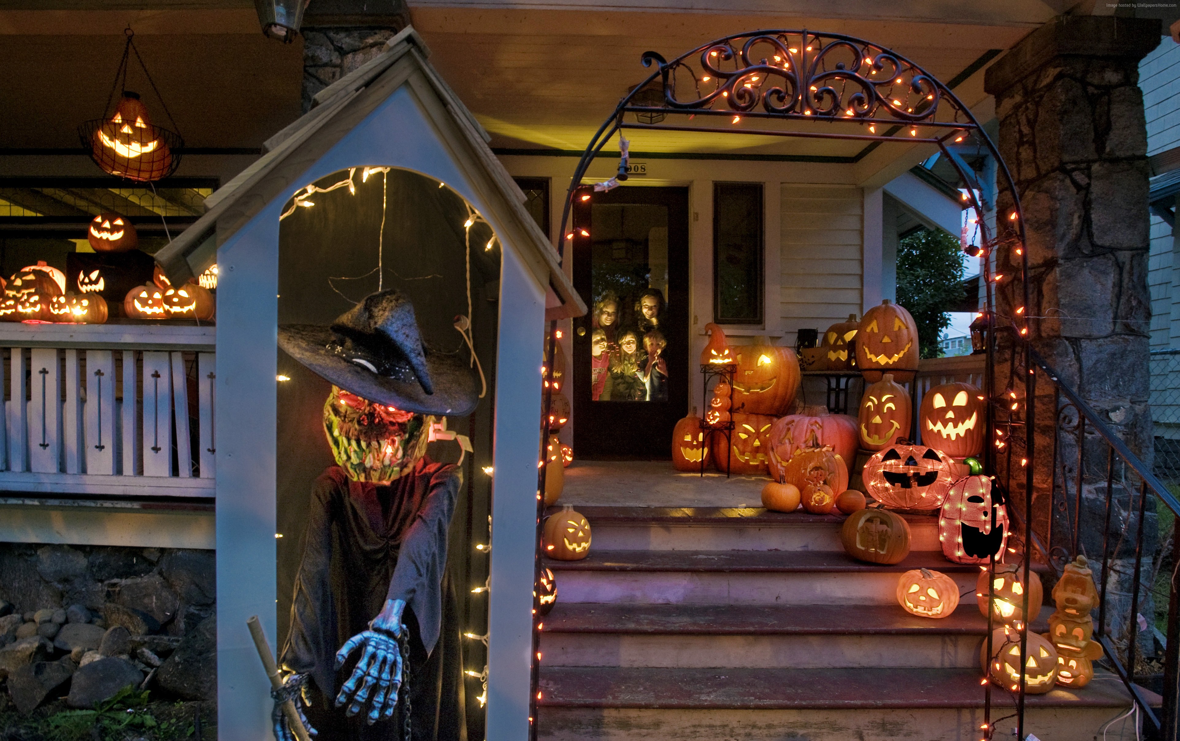 #lights, #decoration, #fear, #All Saints Eve, #porch, #house, #All Hallows Eve, #cap, #Halloween, #yellow, #pumpkin. Mocah HD Wallpaper