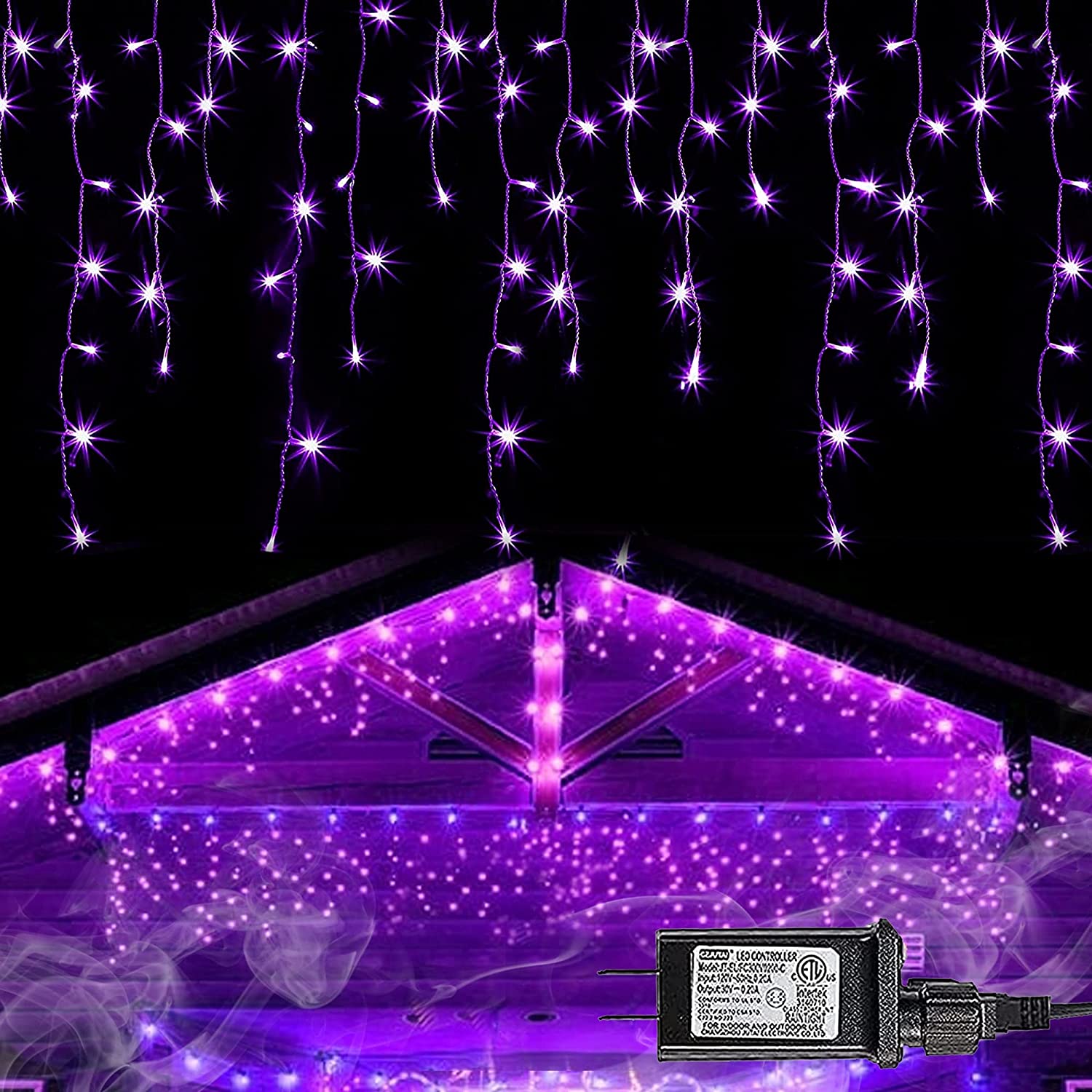Funpeny 360 LED Halloween Icicle Lights with 75 Drops, 29.5 FT Light Up Fairy String Lights with 8 Lighting Modes, Halloween Decorations for Indoor Outdoor Party Tree Holiday Decor (Purple)