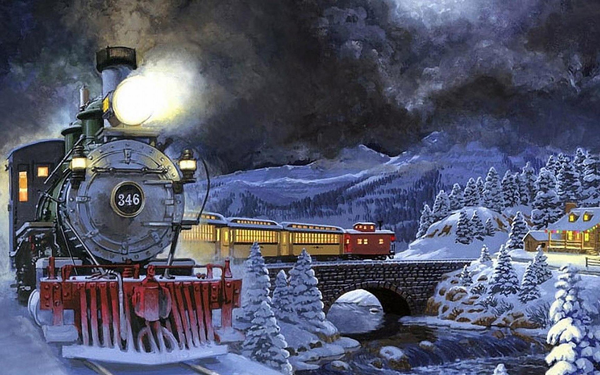 Train through Winter Mountain Town HD Wallpaper