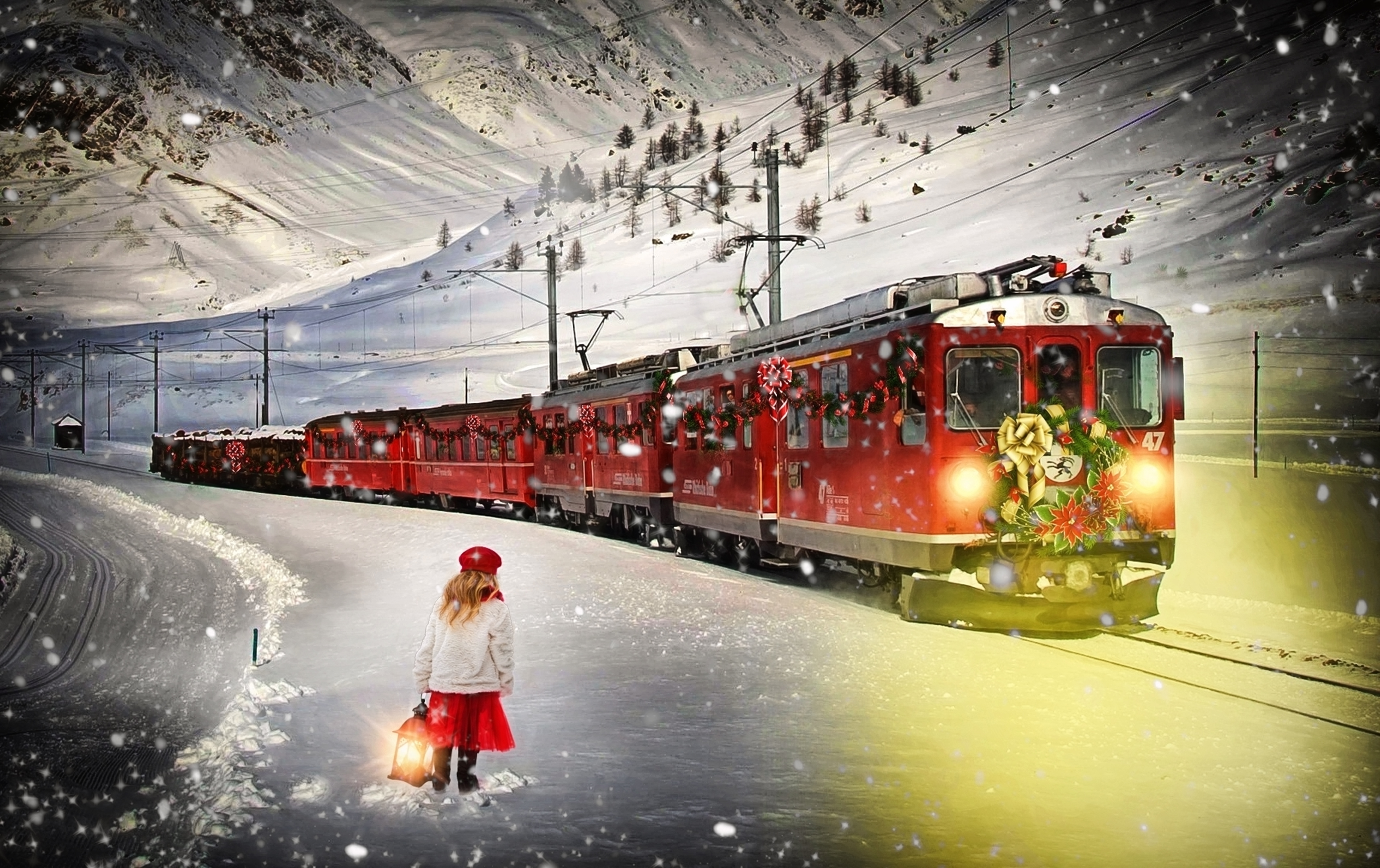 Free Image, snow, winter, night, transportation, vehicle, weather, holiday, drink, xmas, screenshot, little girl, christmas background, red train, computer wallpaper, polar express, christmas train, christmas backdrop 7617x4792