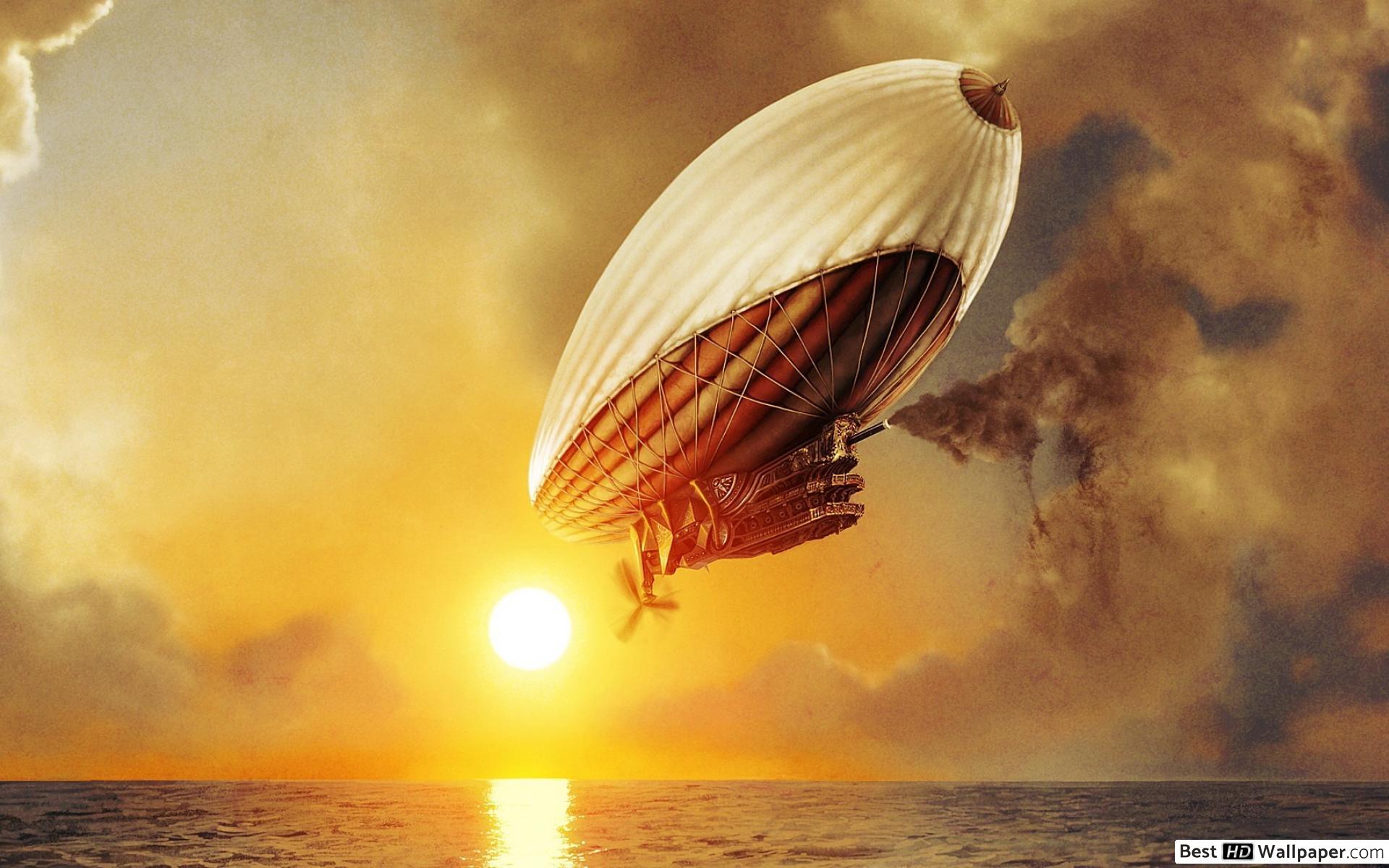 Blimp over the Ocean at Sunset HD wallpaper download