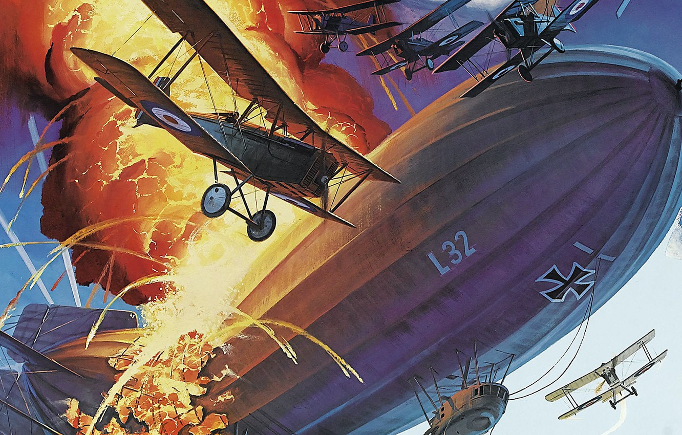 Wallpaper the sky, fire, flame, battle, art, the airship, air, aircraft, The first world war image for desktop, section авиация