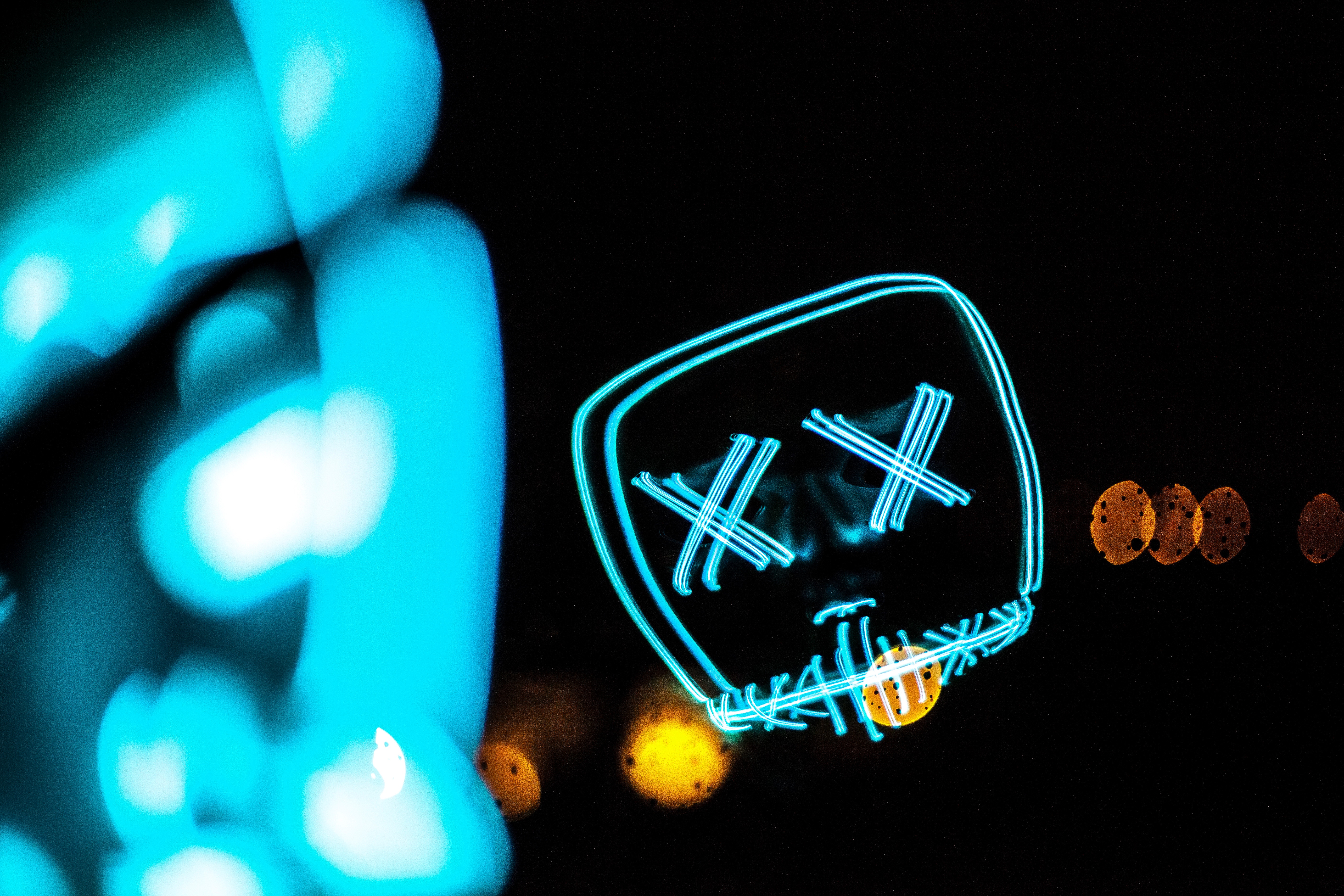 Wallpaper, night, neon lights, mask, creepy, ghost, cyan, silhouette, scary face, horror, skull, dark, blue, bokeh, sign, pattern 5616x3744