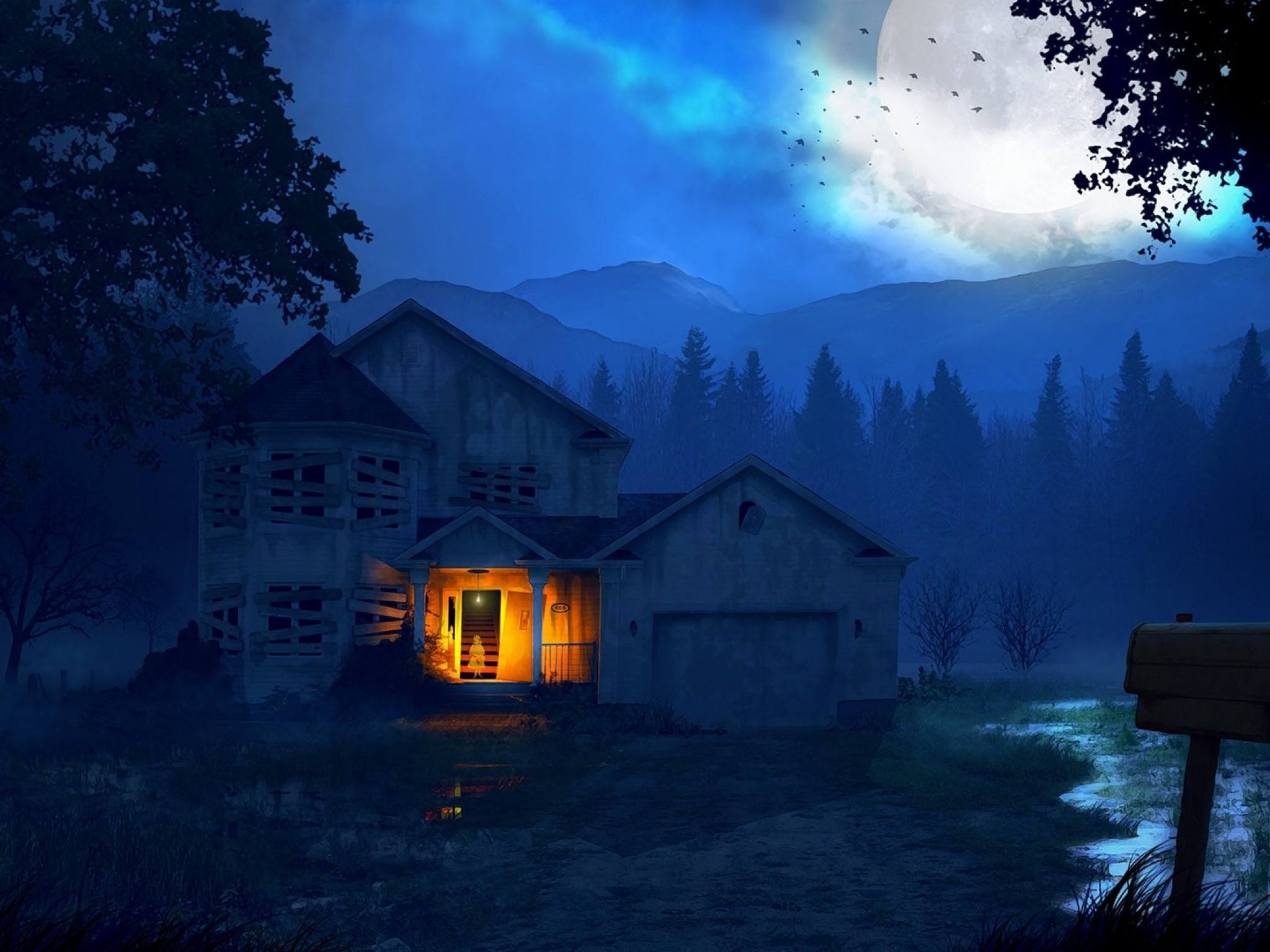 Download 2048x1536 Ghost, Moon, Forest, House, Dark, Scary Wallpaper for Ainol Novo 9 Spark