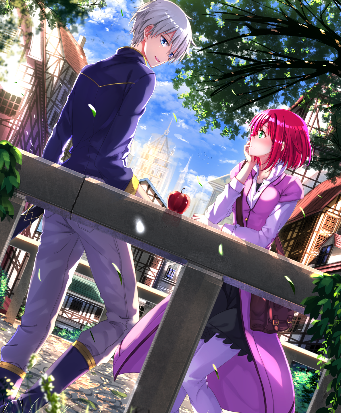 Safebooru 1girl akagami no shirayukihime apple bag blue eyes chin rest city collarbone eye contact food fruit green eyes highres looking at another redhead sheath sheathed shirayuki (akagami no shirayukihime)