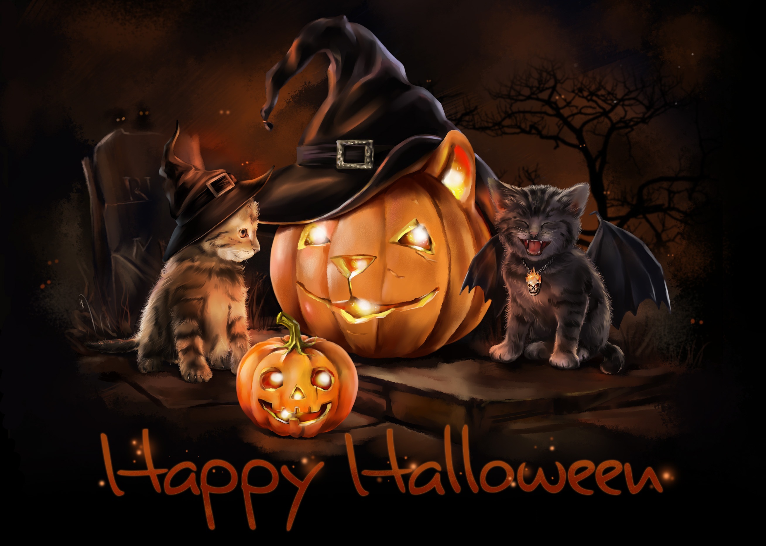 Halloween Happy Halloween Holiday Jack O 039 Lantern Kitten Wallpaper:2617x1867