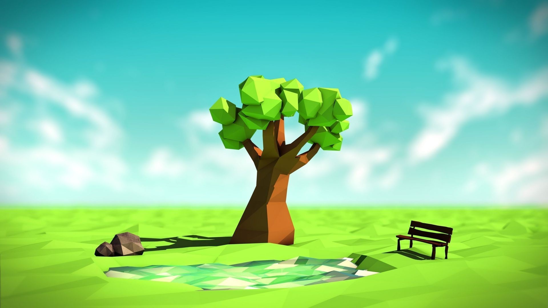 digital Art, Low Poly, 3D, Nature, Trees, Bench, Lake, Rock, Field, Horizon, Clouds Wallpaper HD / Desktop and Mobile Background