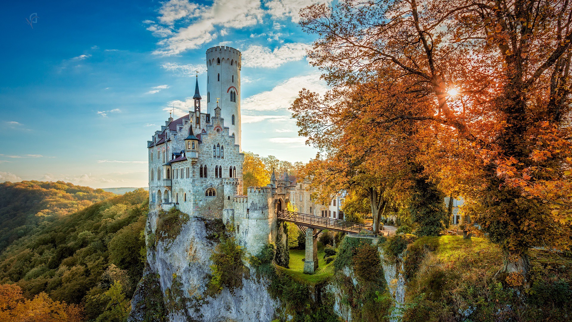 Wallpaper, 1920x1080 px, architecture, bridge, castle, cliff, fall, forest, Germany, HDR, landscape, nature, old building, sunlight, tower, trees 1920x1080