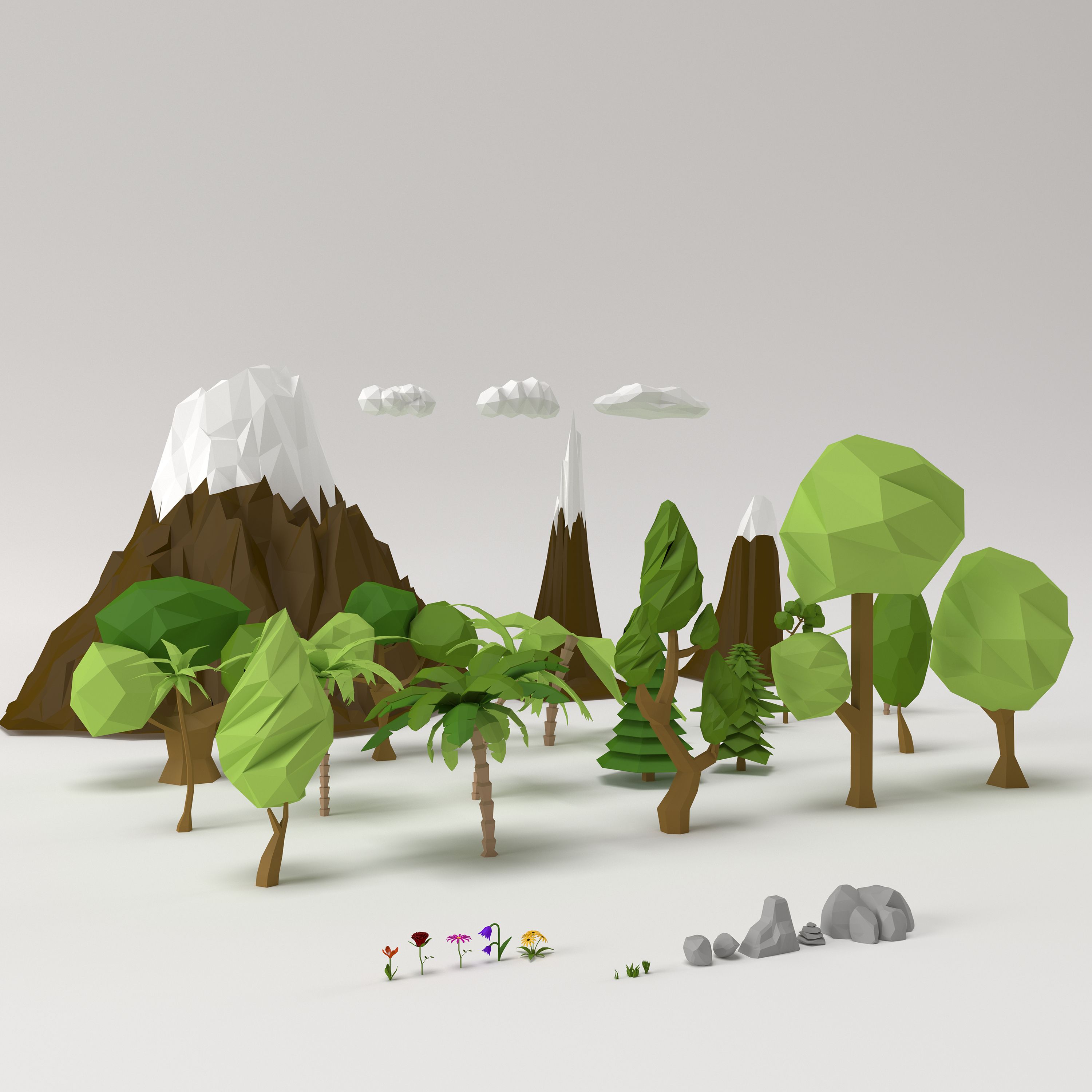Low poly Trees Flowers Grass Rocks Clouds and MountainsD model. Low poly, Model tree, Low poly 3D models