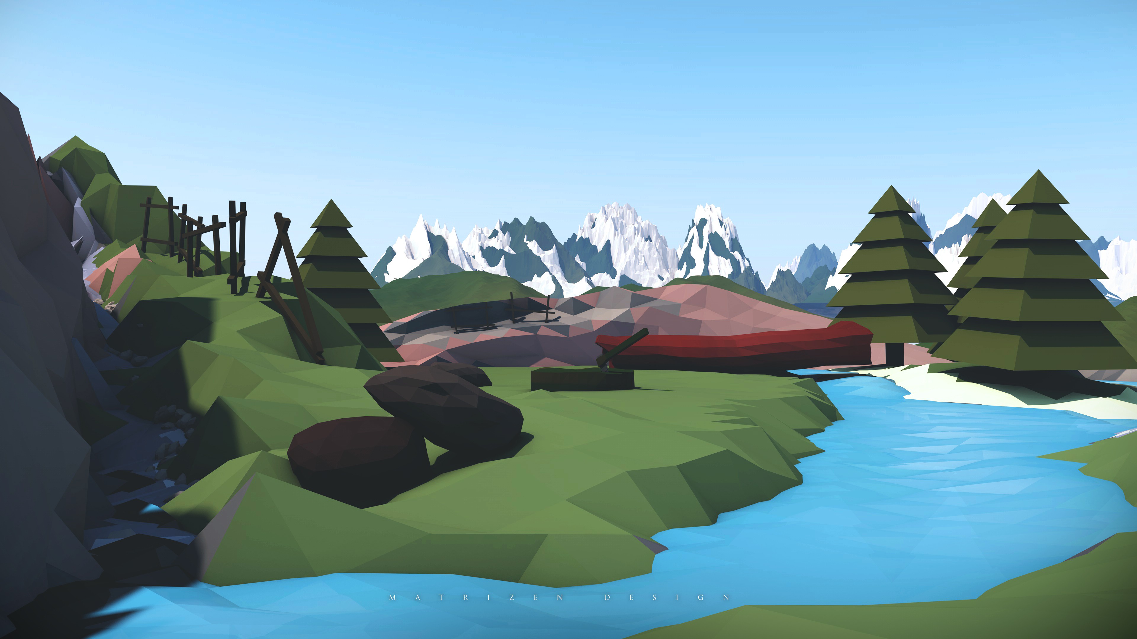 Desktop Wallpaper Low Poly, Nature, Mountains, River, Tree, HD Image, Picture, Background, 0dkluz