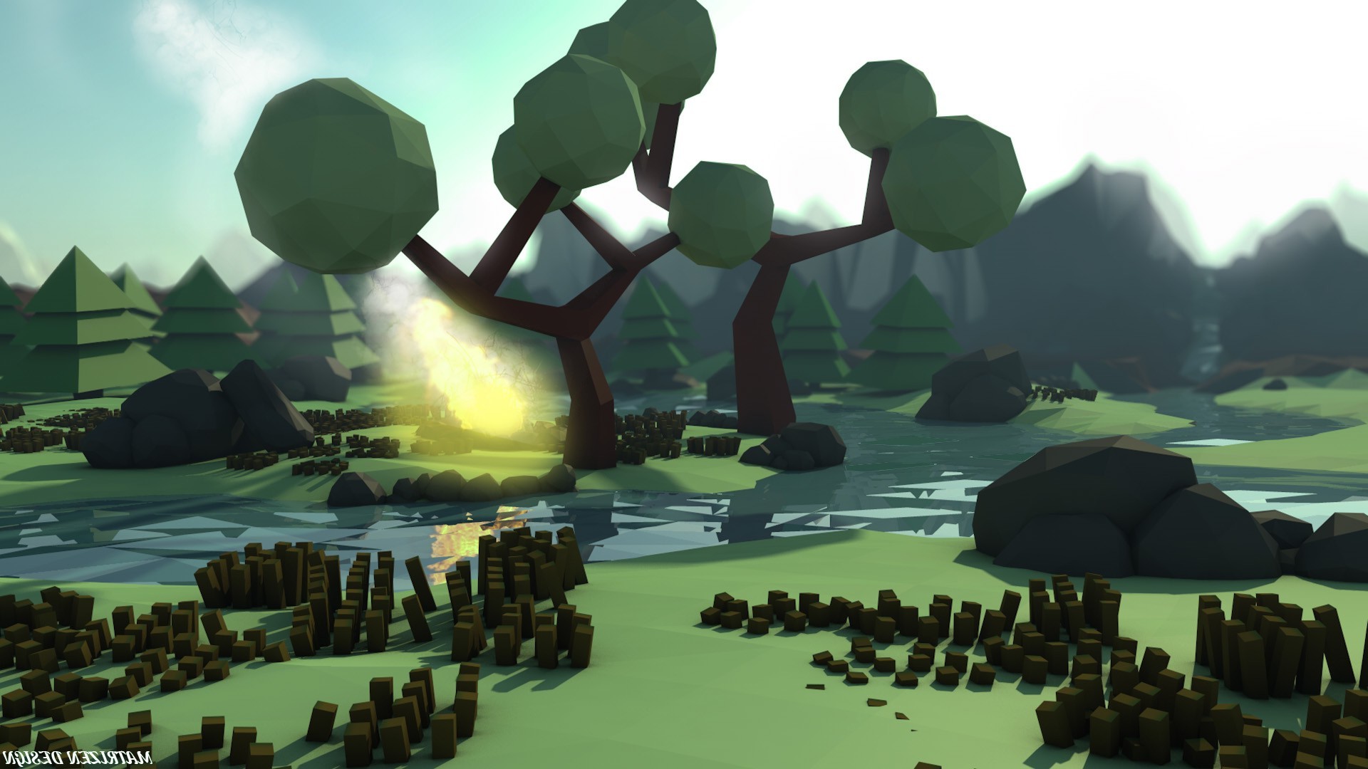 low Poly, Matrizendesign, Trees, Mountain, Landscape, Stones, Fire, Digital Art, Water, Forest, Plants, Sky Wallpaper HD / Desktop and Mobile Background