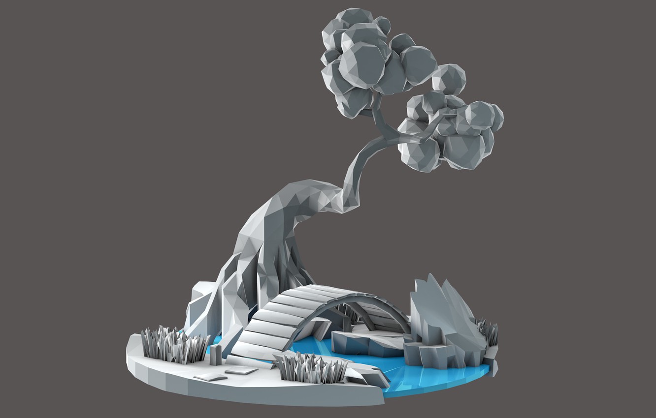 Wallpaper Tree, Bridge, Grass, Stream, low poly, Gray tone image for desktop, section минимализм