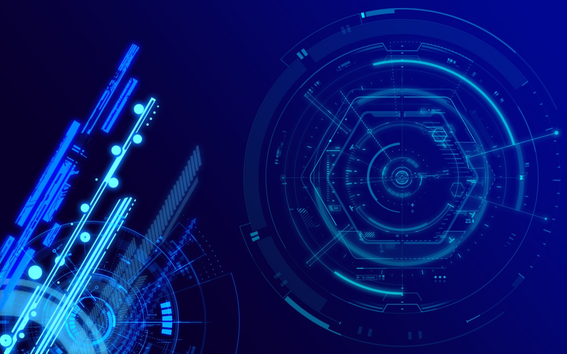 #digital art, #technology, #lines, #hexagon, #circle, #glowing, #geometry, #neon, #blue background, #abstract, #CGI, wallpaper. Mocah HD Wallpaper