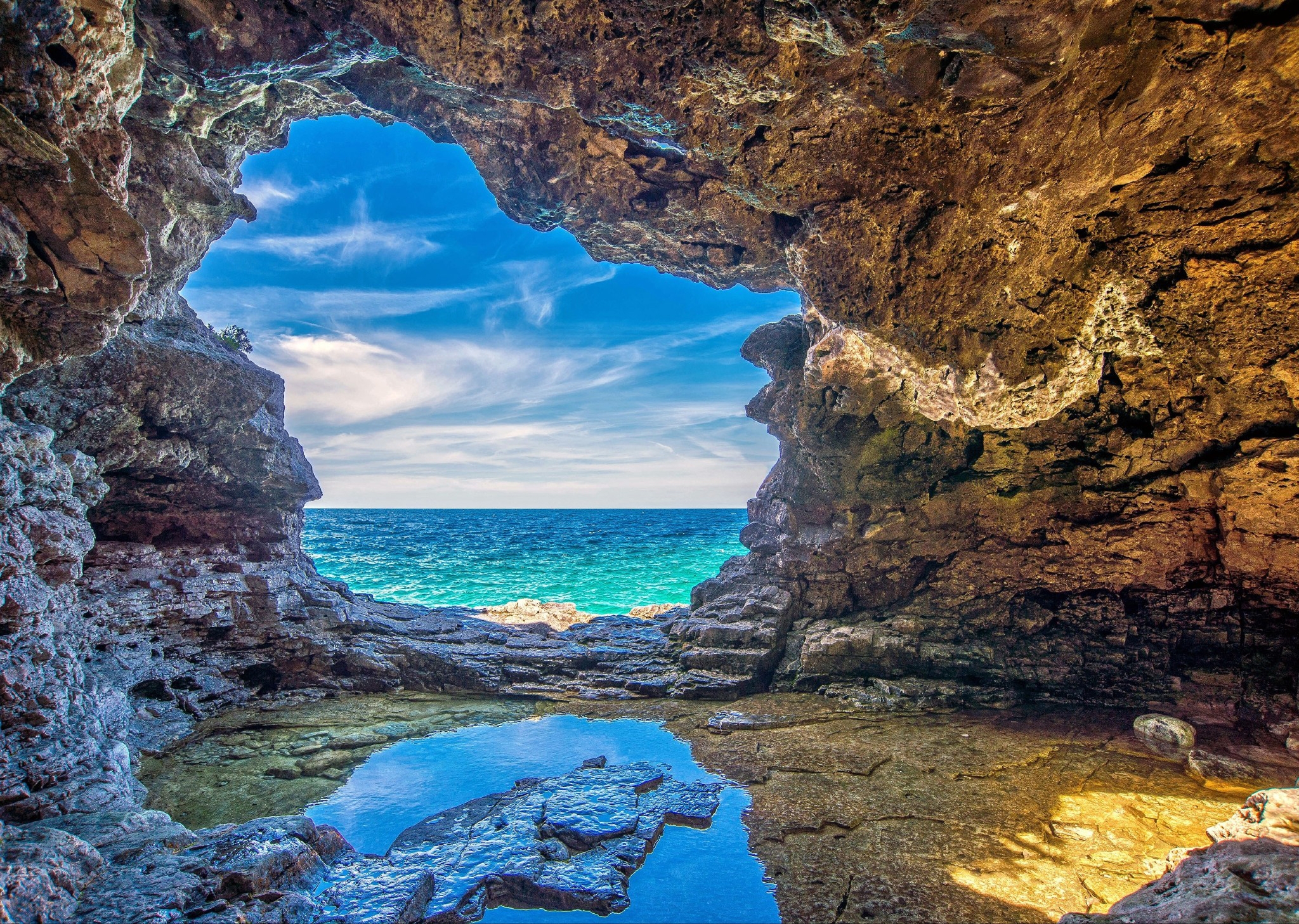 Beach Cave Earth Horizon Ocean Rock Sea Wallpaper:2048x1457