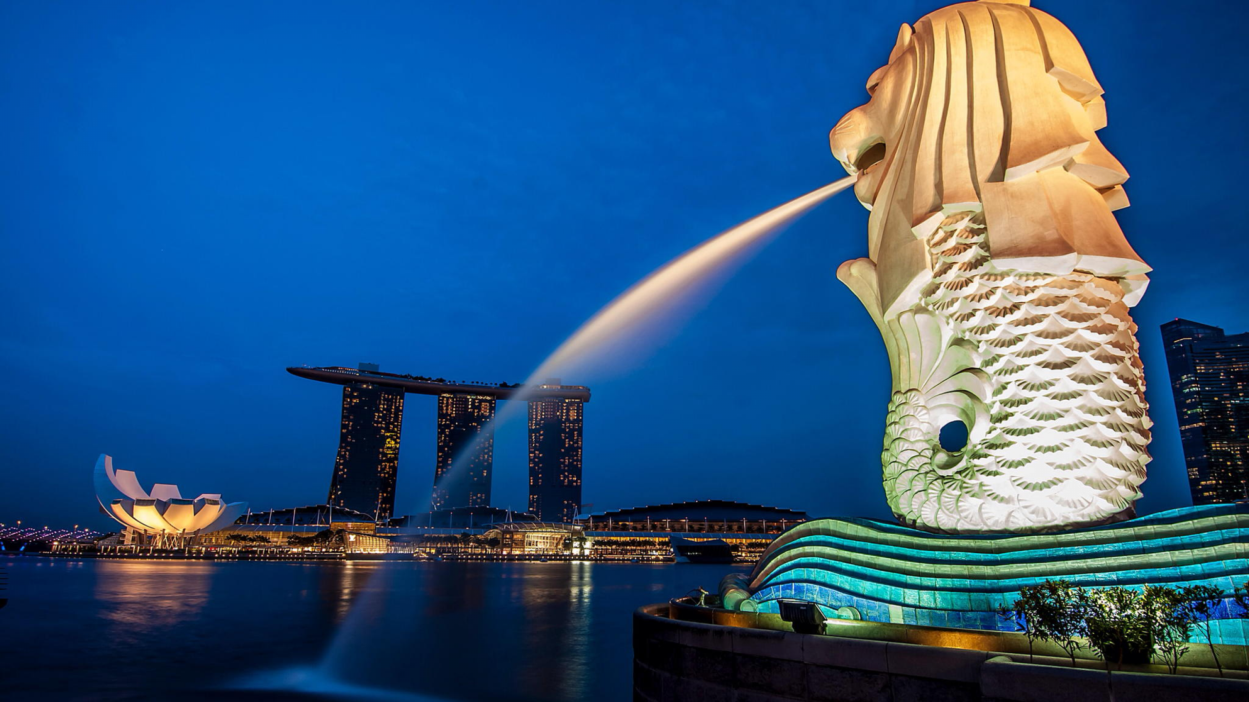 Download 2560x1440 merlion, marina bay sands, hotel, singapore, city Wallpaper