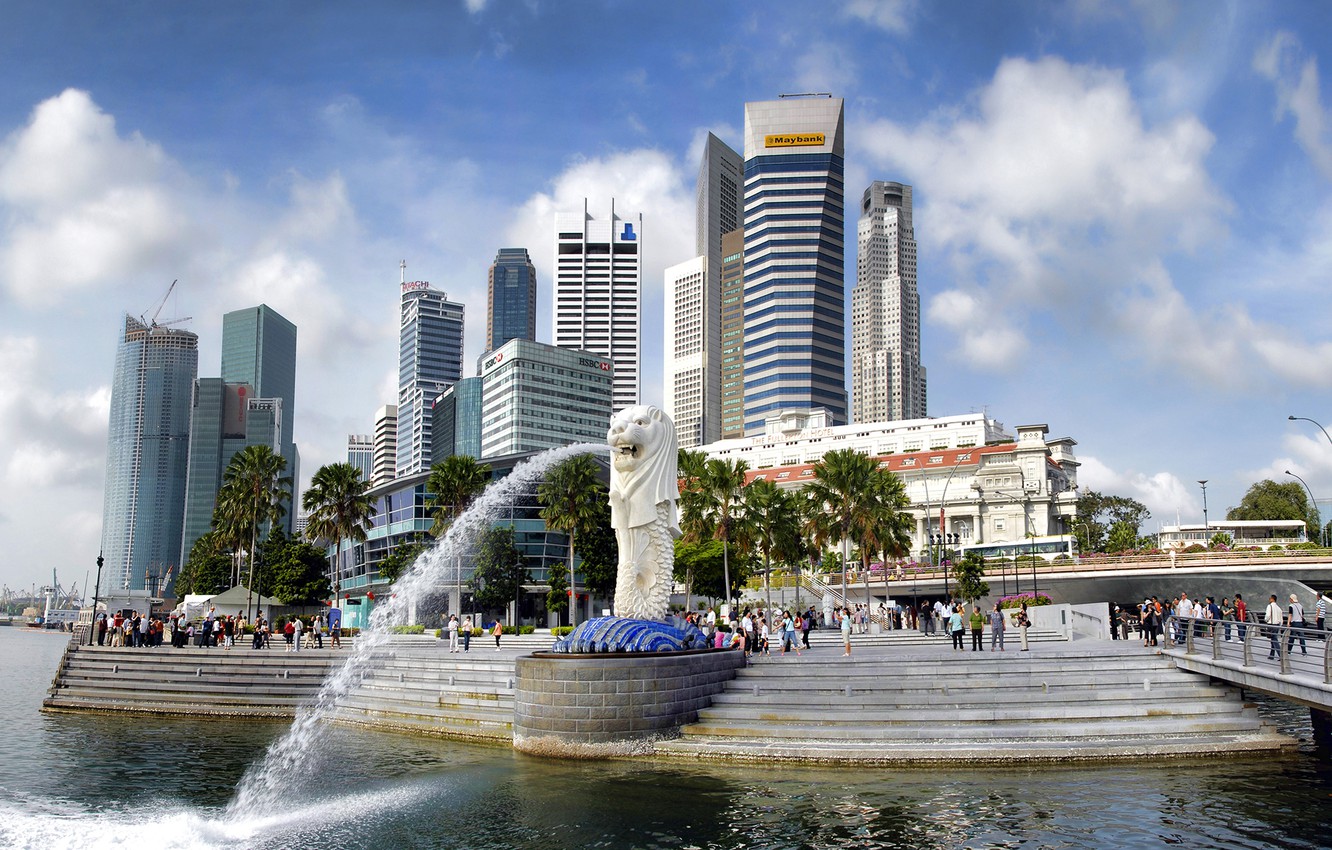 Wallpaper street, skyscrapers, Singapore, fountain, Merlion Park image for desktop, section город