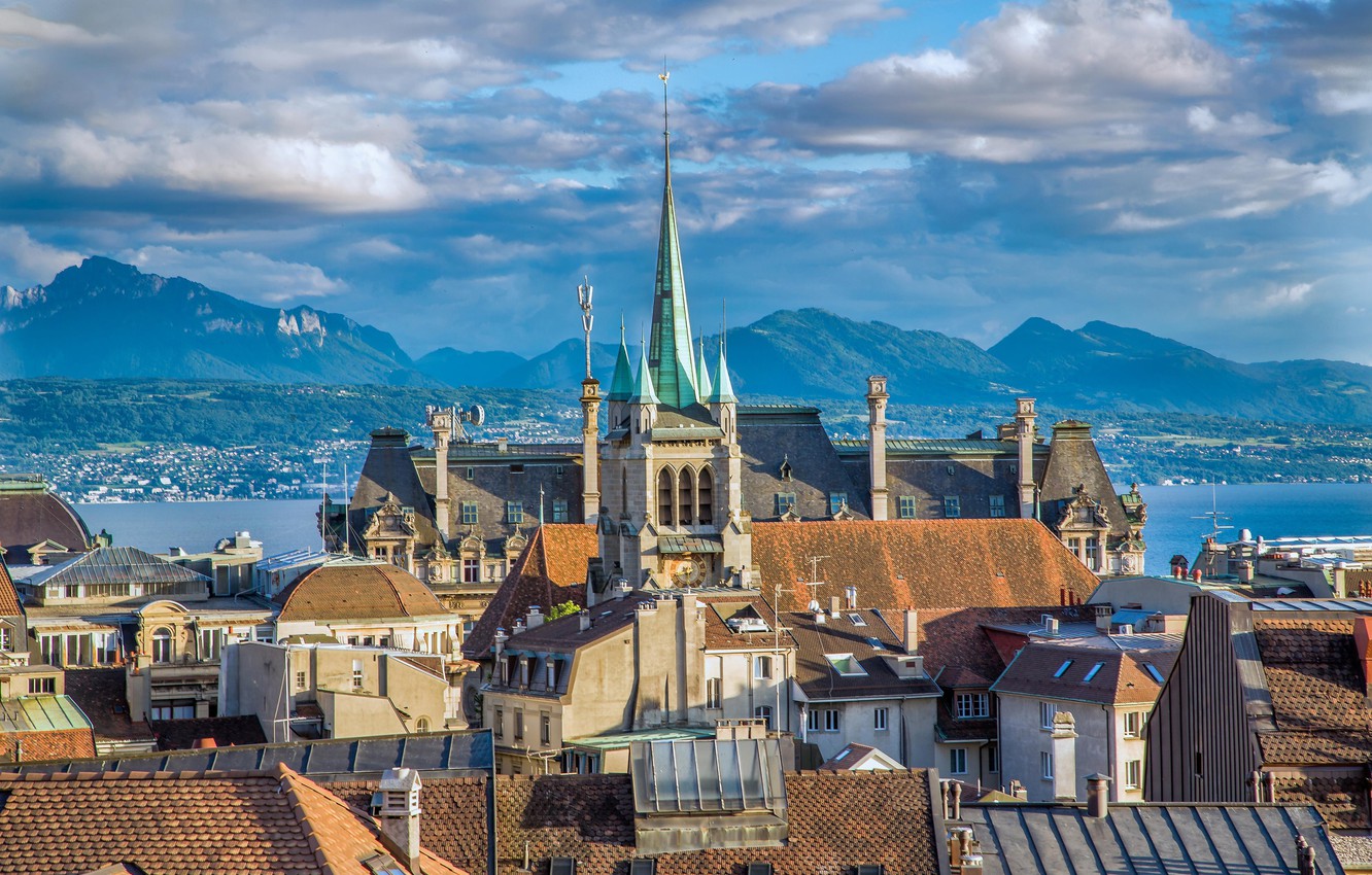 Wallpaper mountains, lake, Switzerland, architecture, Lausanne image for desktop, section город