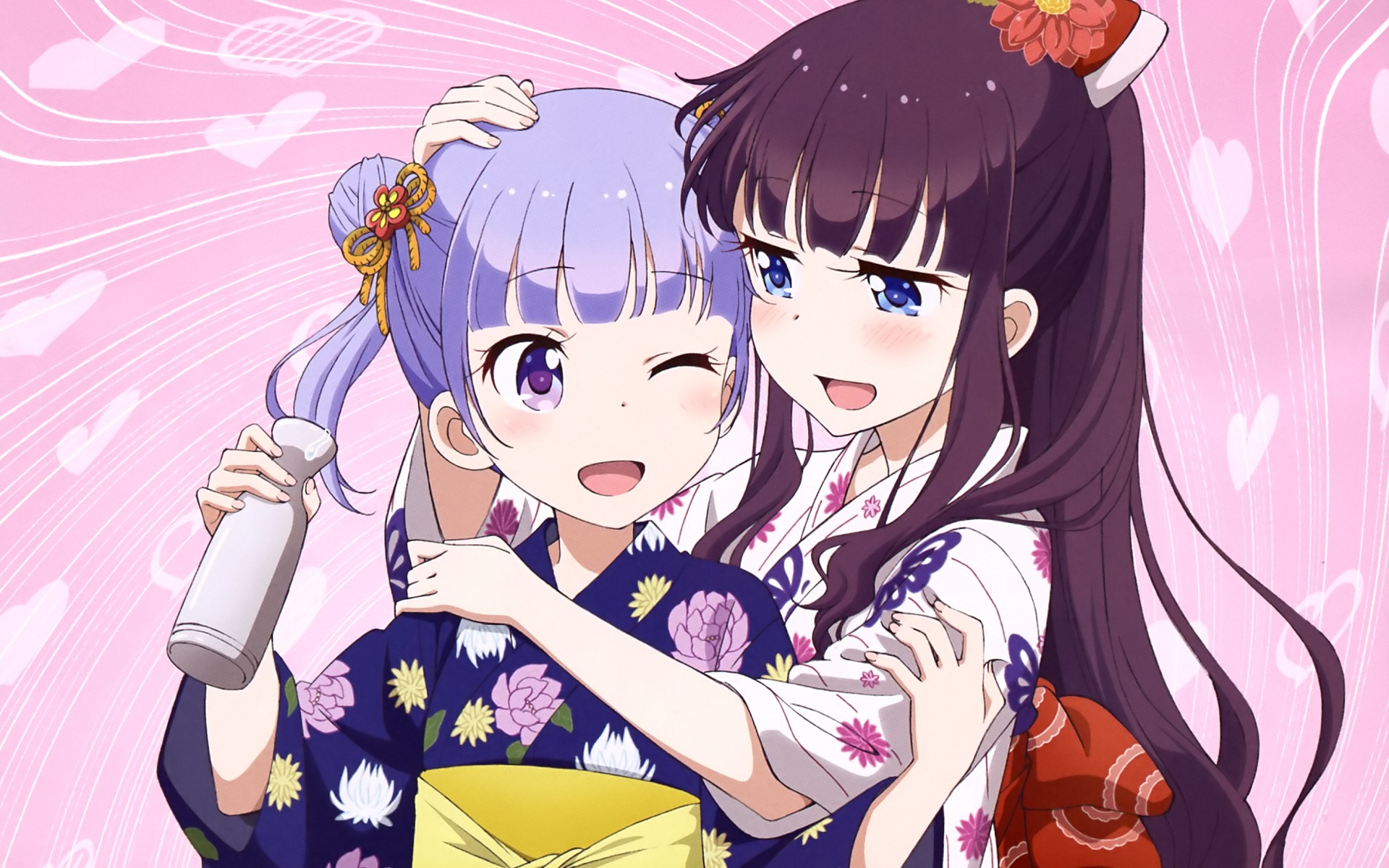 Wallpaper, anime girls, simple background, New Game, Aoba Suzukaze, Hifumi Takimoto, purple hair, yukata, white skin, artwork 1920x1200
