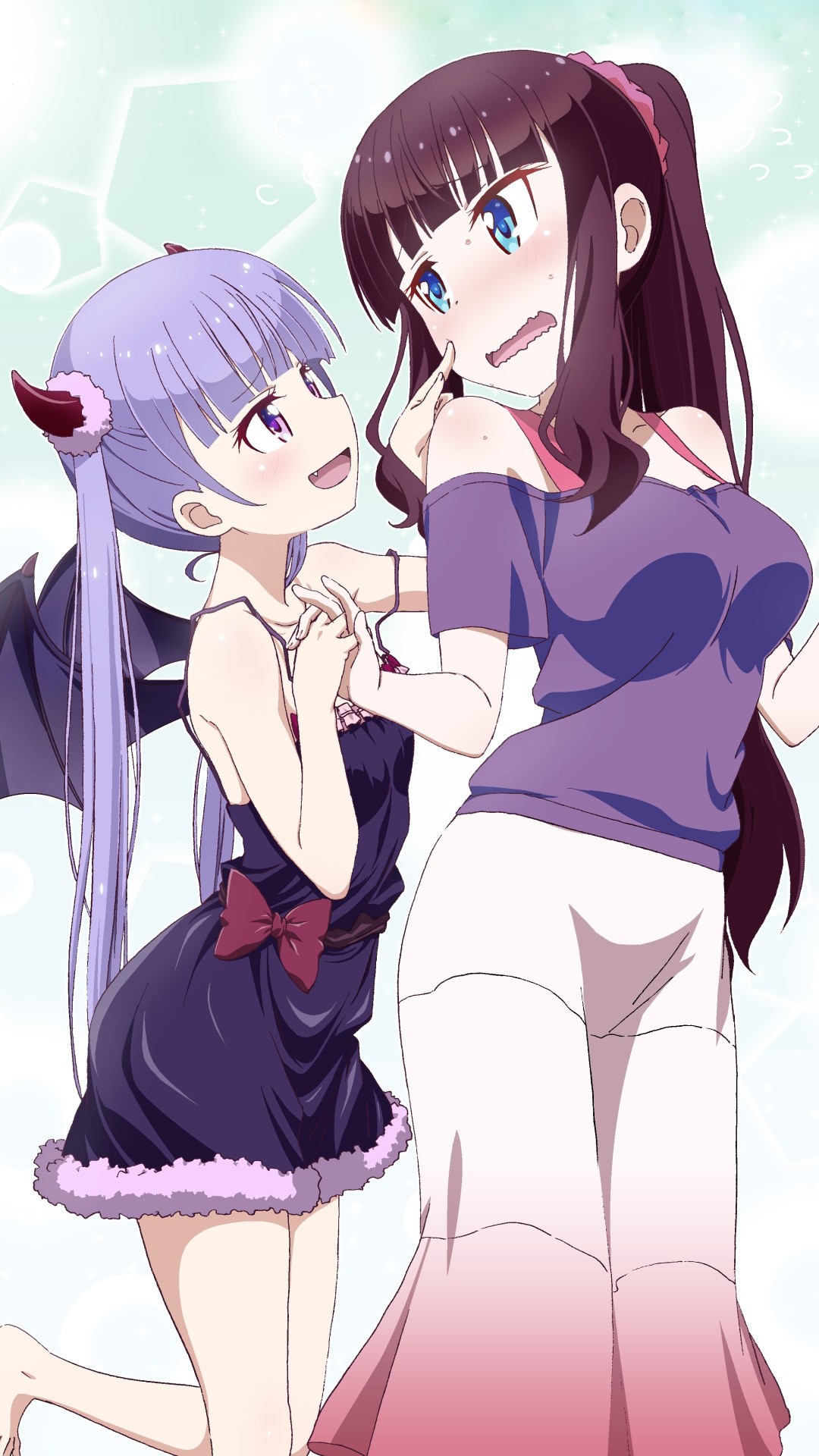Wallpaper, illustration, anime girls, blue eyes, cartoon, black hair, Hifumi Takimoto, New Game, violet eyes, violet hair, Aoba Suzukaze, mangaka, interaction 1080x1920