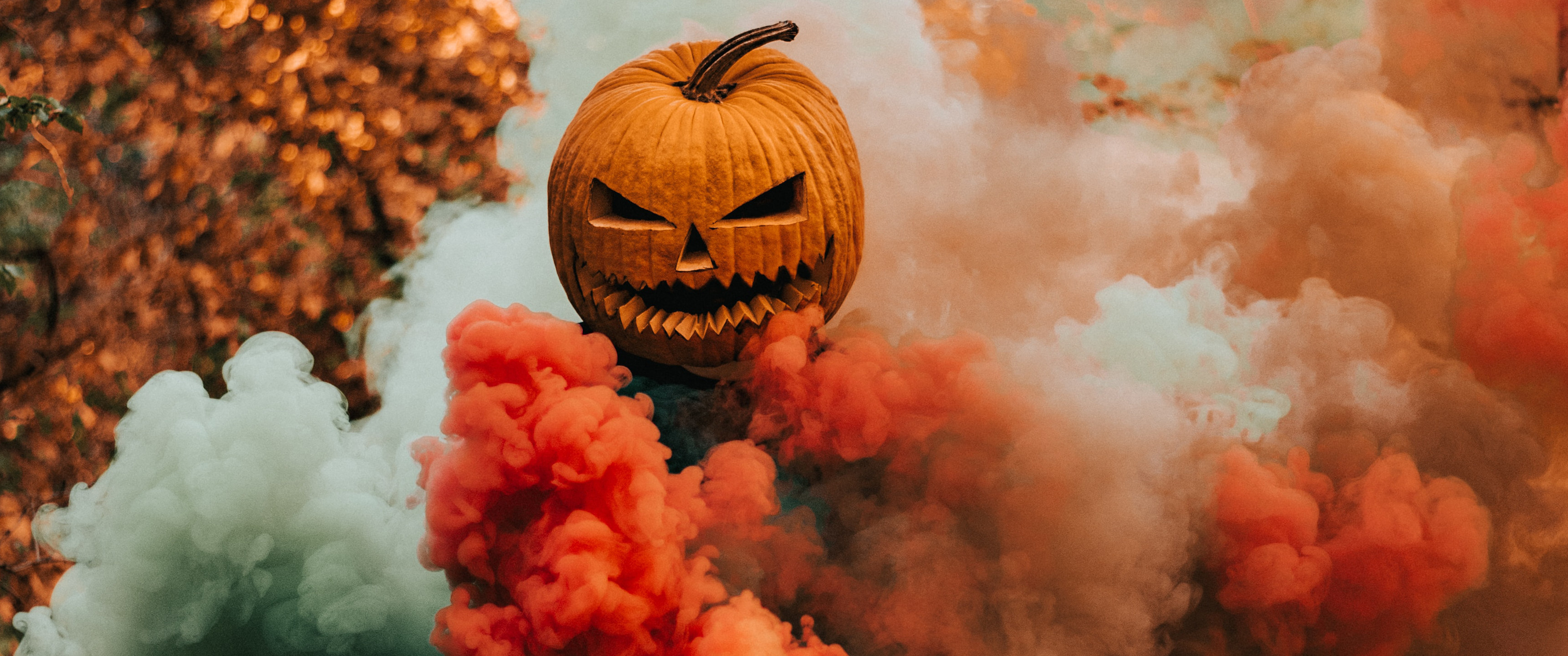 Wallpaper, Halloween, pumpkin, smoke, orange, ultrawide 3440x1440