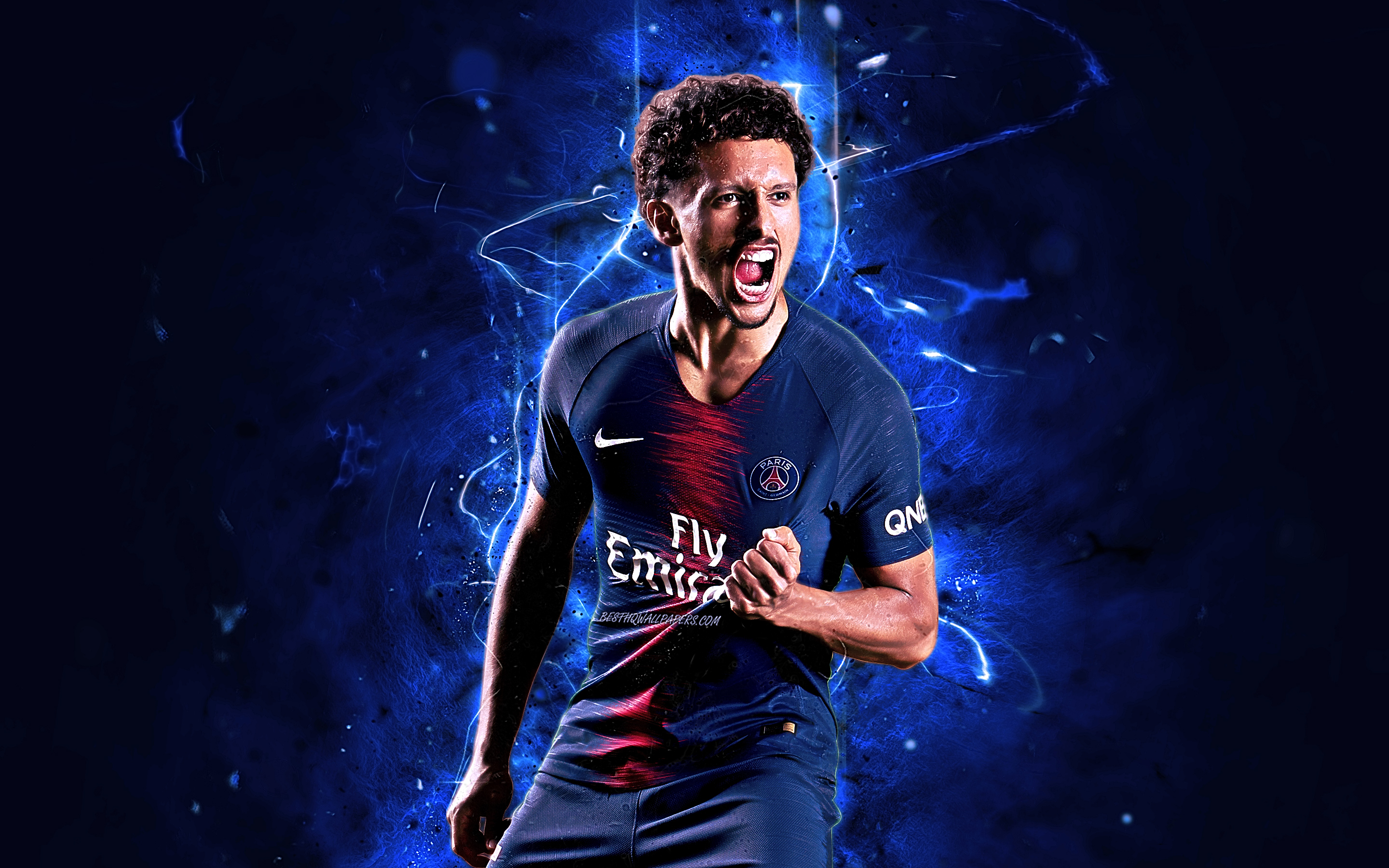 Download Wallpaper Marquinhos, Brazilian Footballers, Defender, Paris Saint Germain, Ligue 1, Joy, PSG FC, Artwork, Marcos Aoas Correa Neon Lights, Soccer, Creative For Desktop With Resolution 2880x1800. High Quality HD Picture Wallpaper