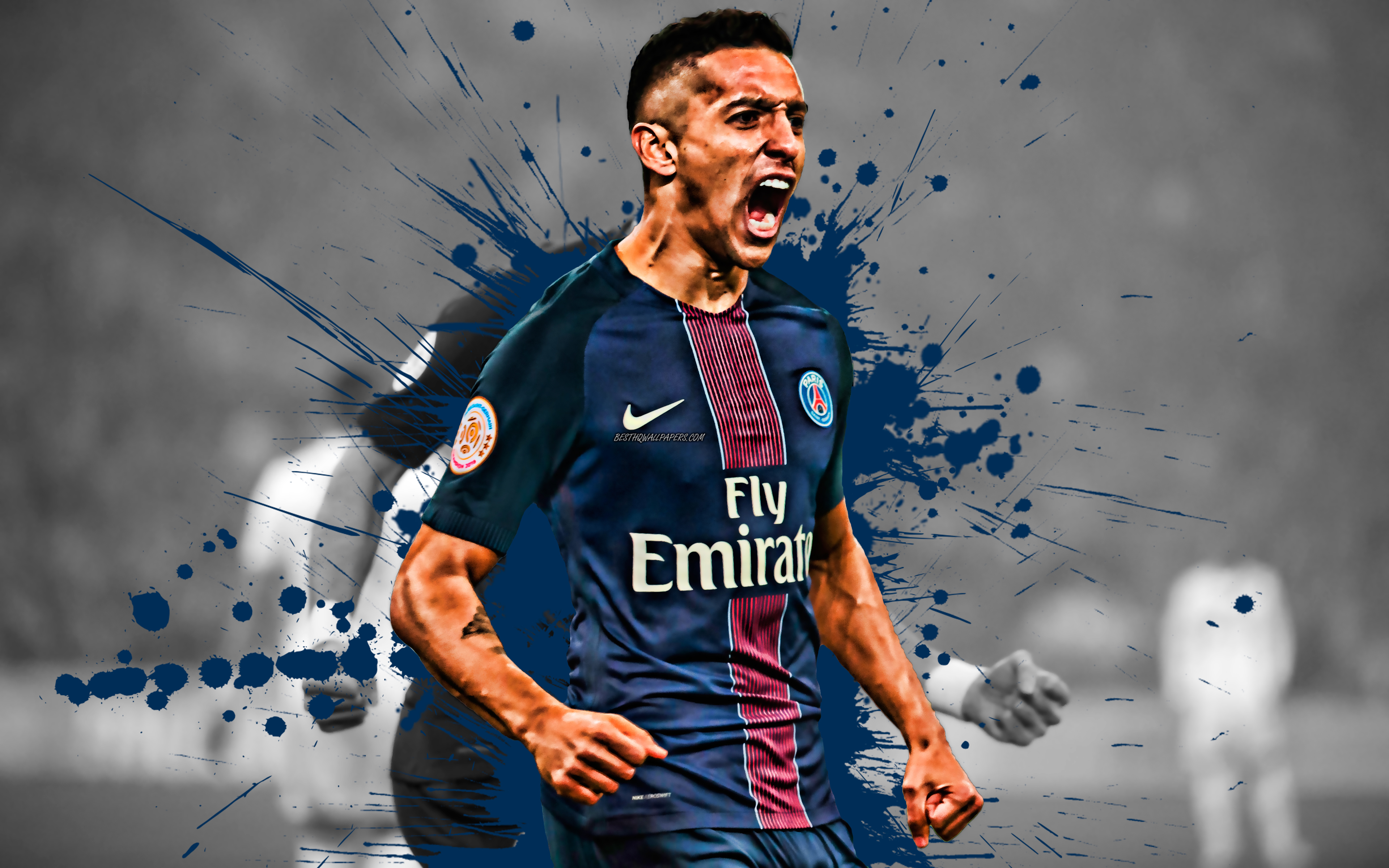 Download Wallpaper Marquinhos, Marcos Aoas Correa, 4k, Brazilian Football Player, PSG, Defender, Blue Maroon Paint Splashes, Creative Art, Paris Saint Germain, Ligue 1, France, Football, Grunge For Desktop With Resolution 3840x2400. High Quality