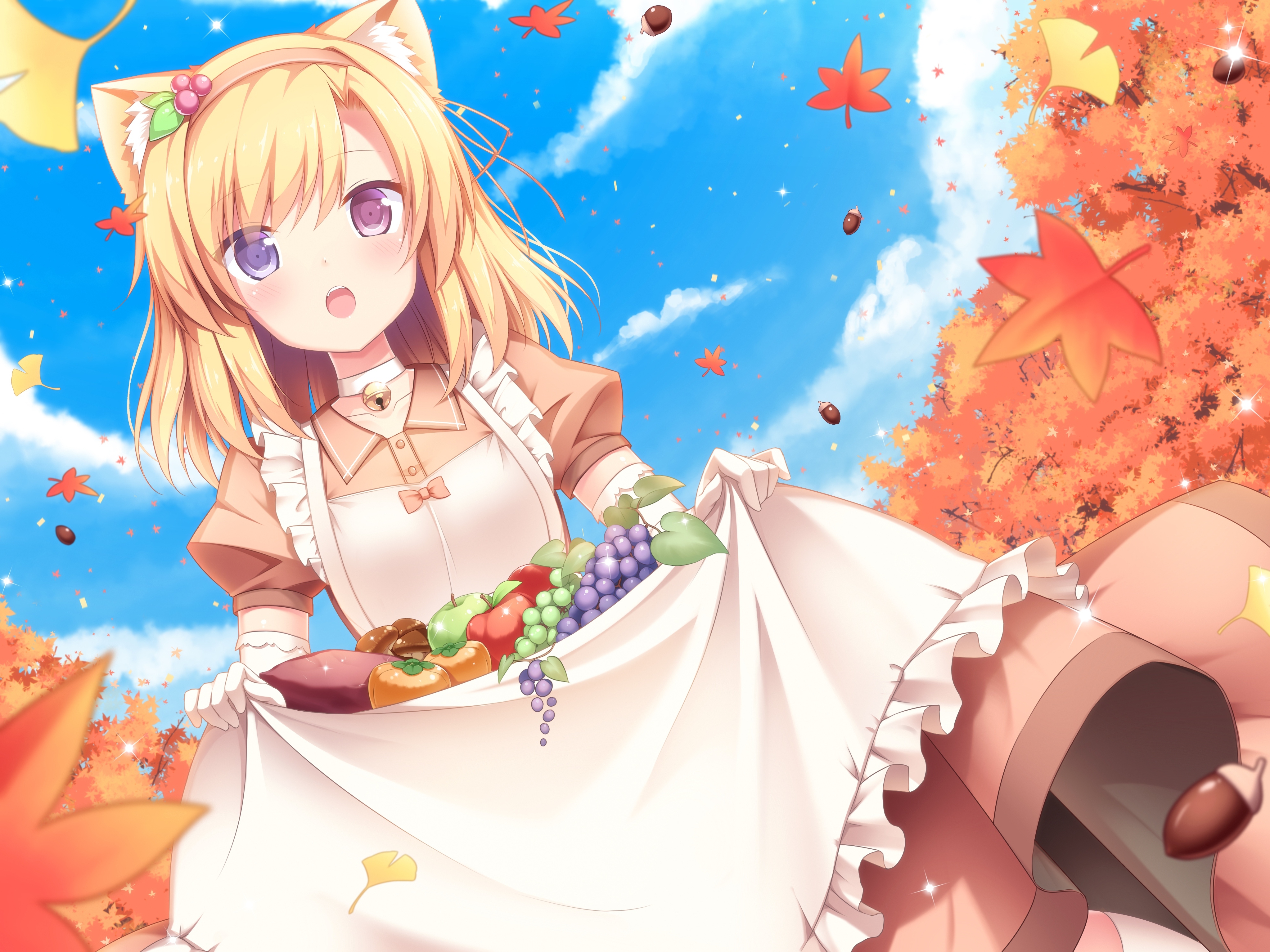 Wallpaper Autumn, Loli, Maid Outfit, Blonde, Animal Ears, Anime Girl, Leaves:4092x3069