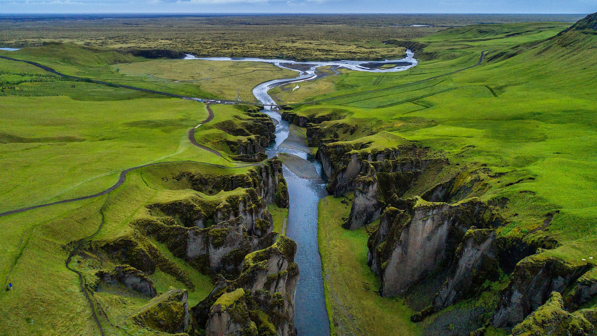 Aerial View Drone Photo Landscape Nature Grass Field Horizon Iceland Canyon River Wallpaper:1920x1080