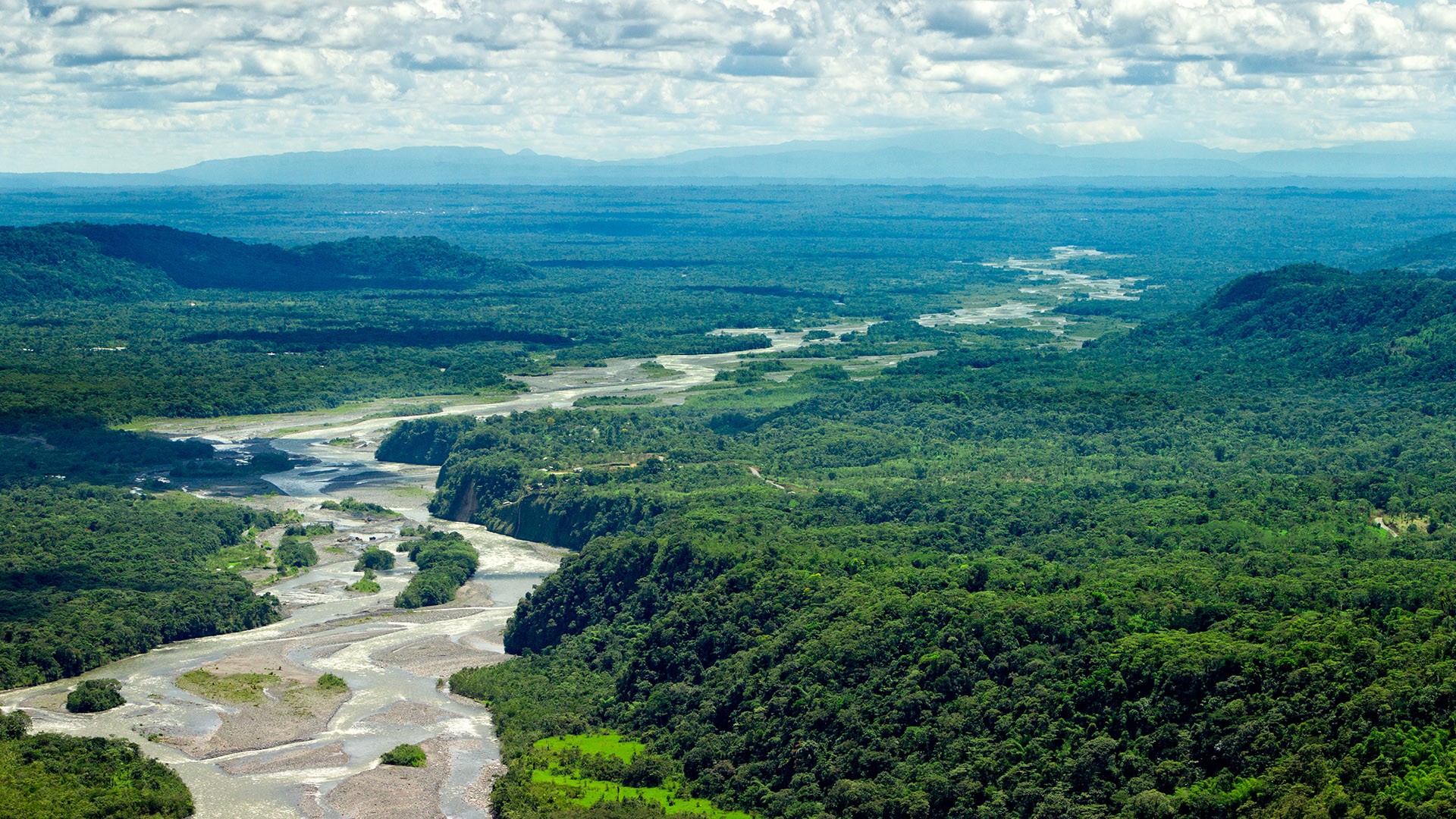 Wallpaper, nature, landscape, mountains, clouds, river, trees, forest, aerial view, far view, Ecuador 1920x1080