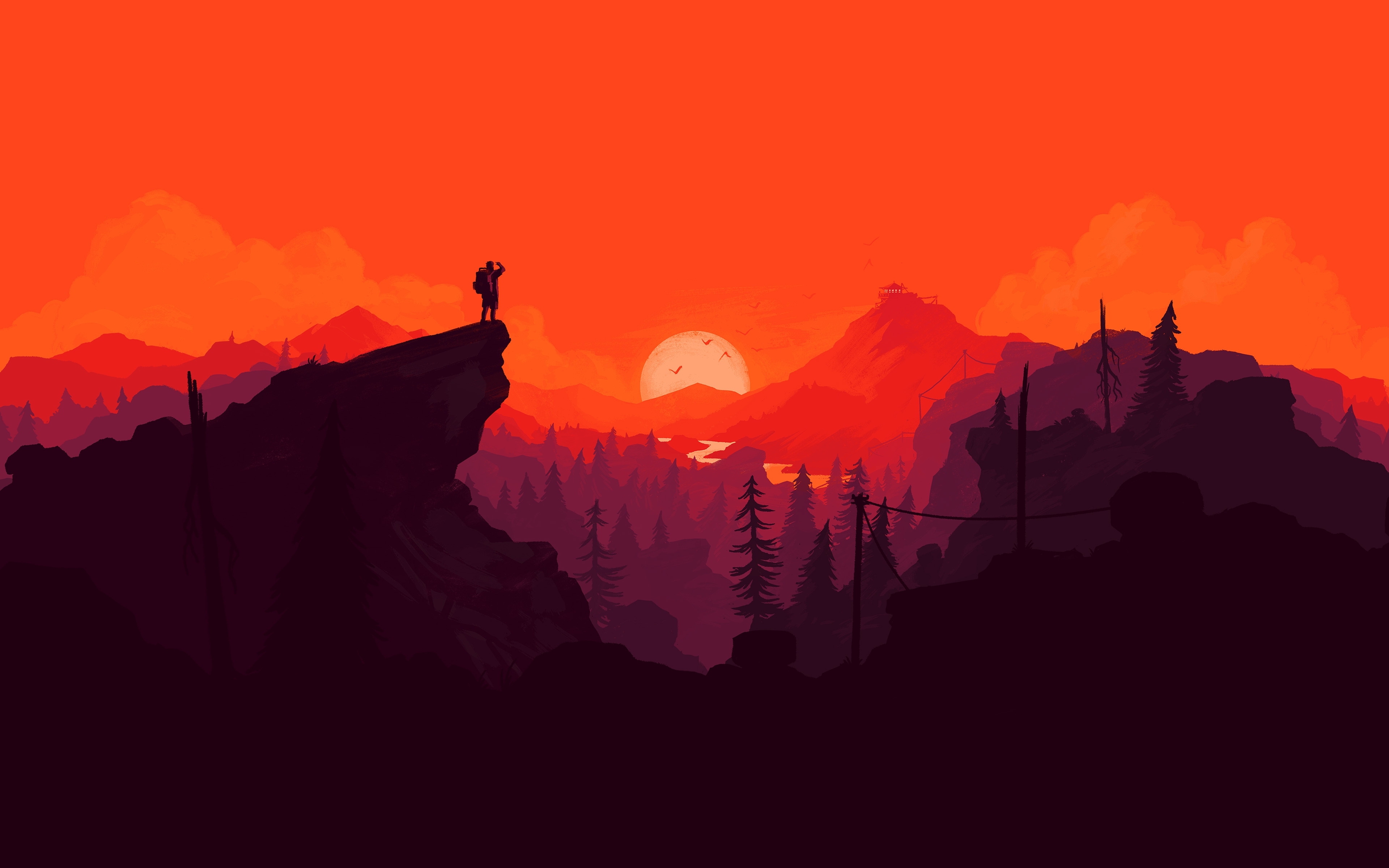 Wallpaper Man Hiking, Red Sky, Sunset, Digital Art, Cliff, Flat Landscape, Illustration:3840x2400