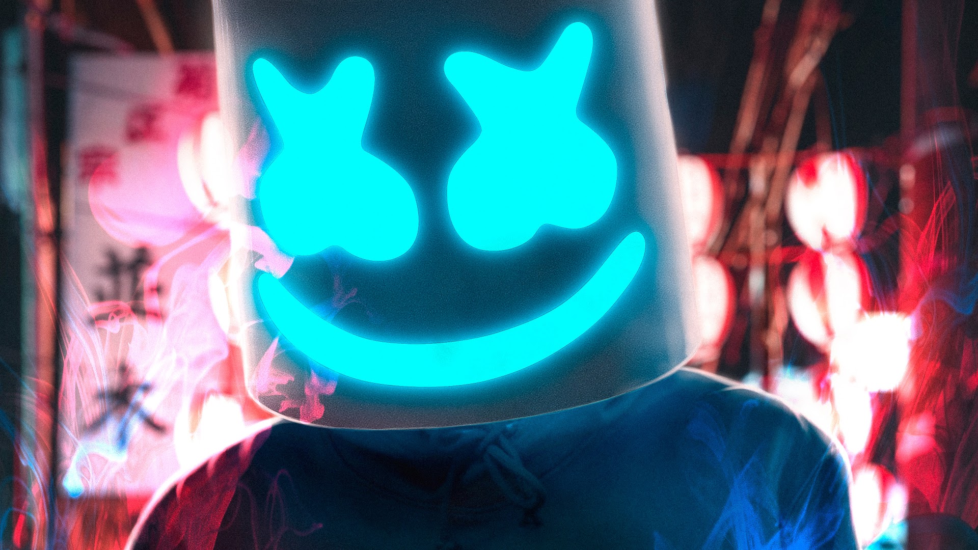 marshmello wallpaper hd, blue, red, light, lighting, fun, mouth, neon, electric blue, neck, graphics