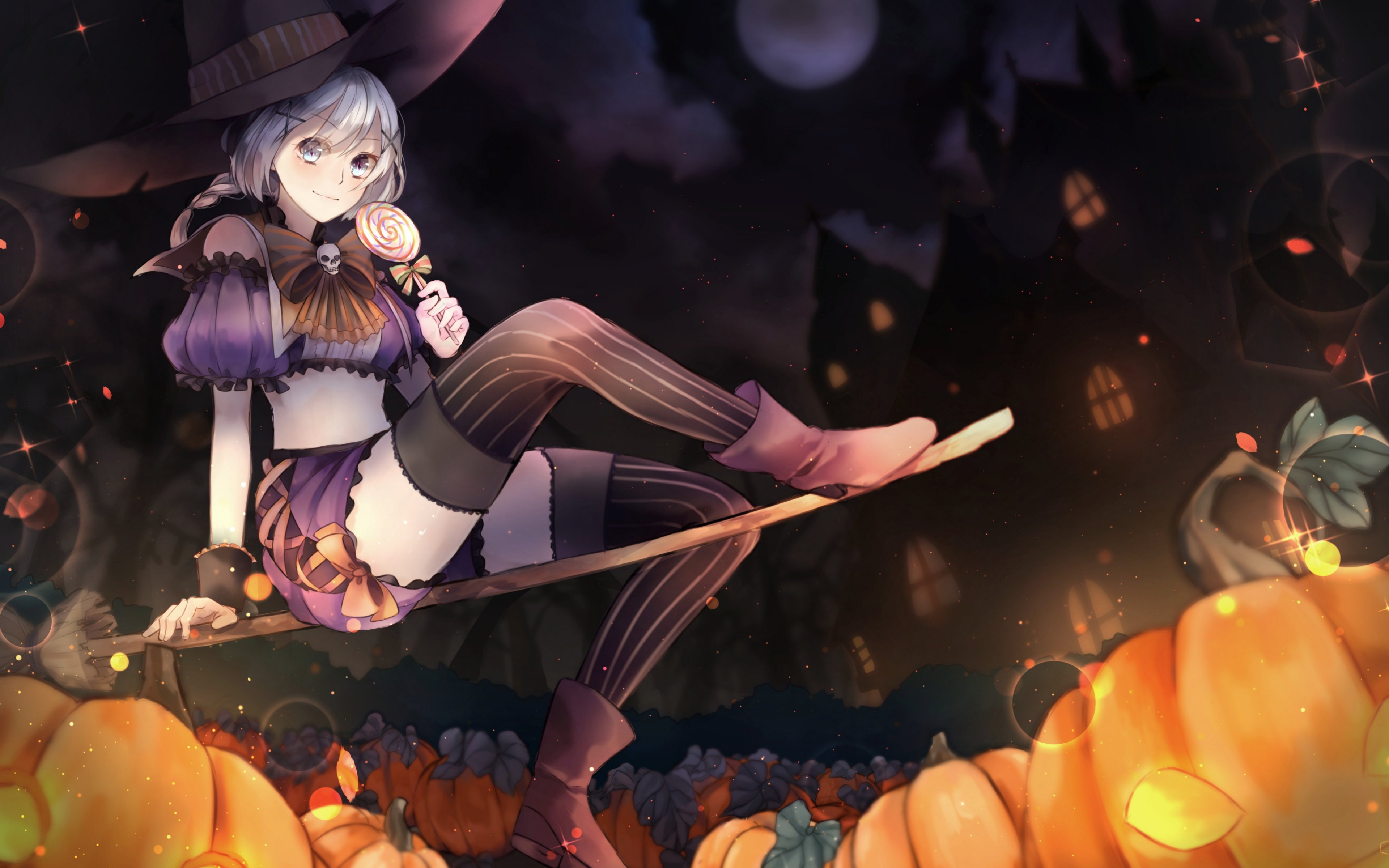 Cute Anime Witch Of Halloween Night 4K wallpaper download