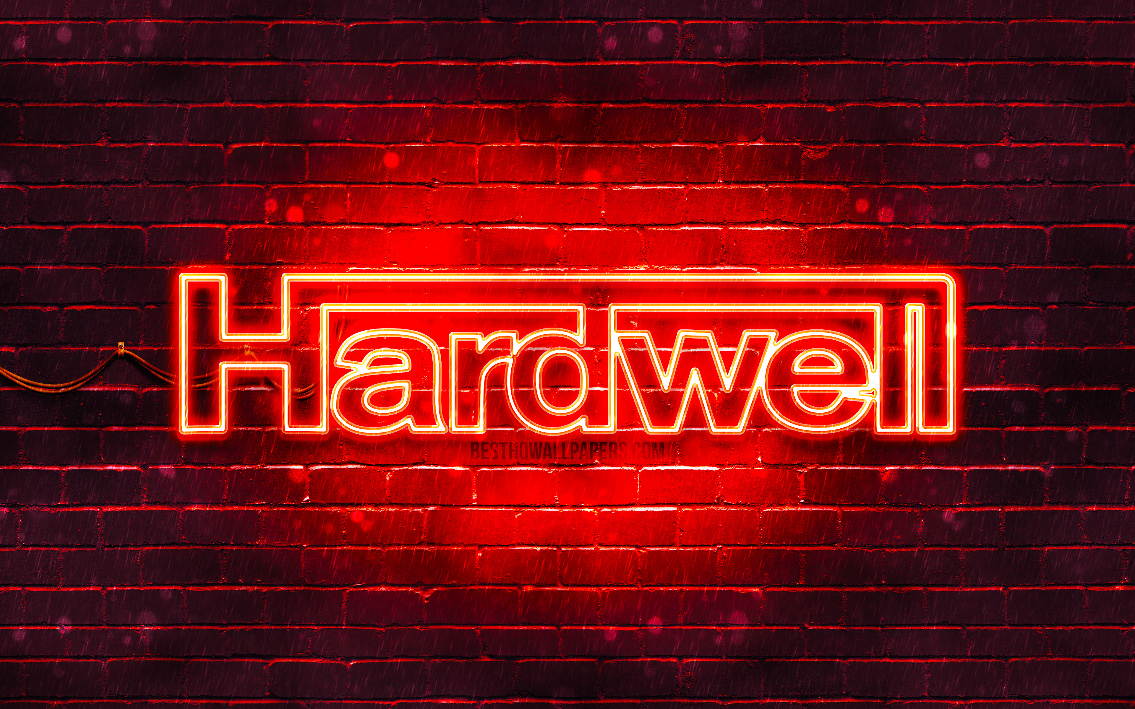 Download wallpaper Hardwell red logo, 4k, superstars, dutch DJs, red brickwall, Hardwell logo, Robbert van de Corput, Hardwell, music stars, Hardwell neon logo for desktop with resolution 3840x2400. High Quality HD picture