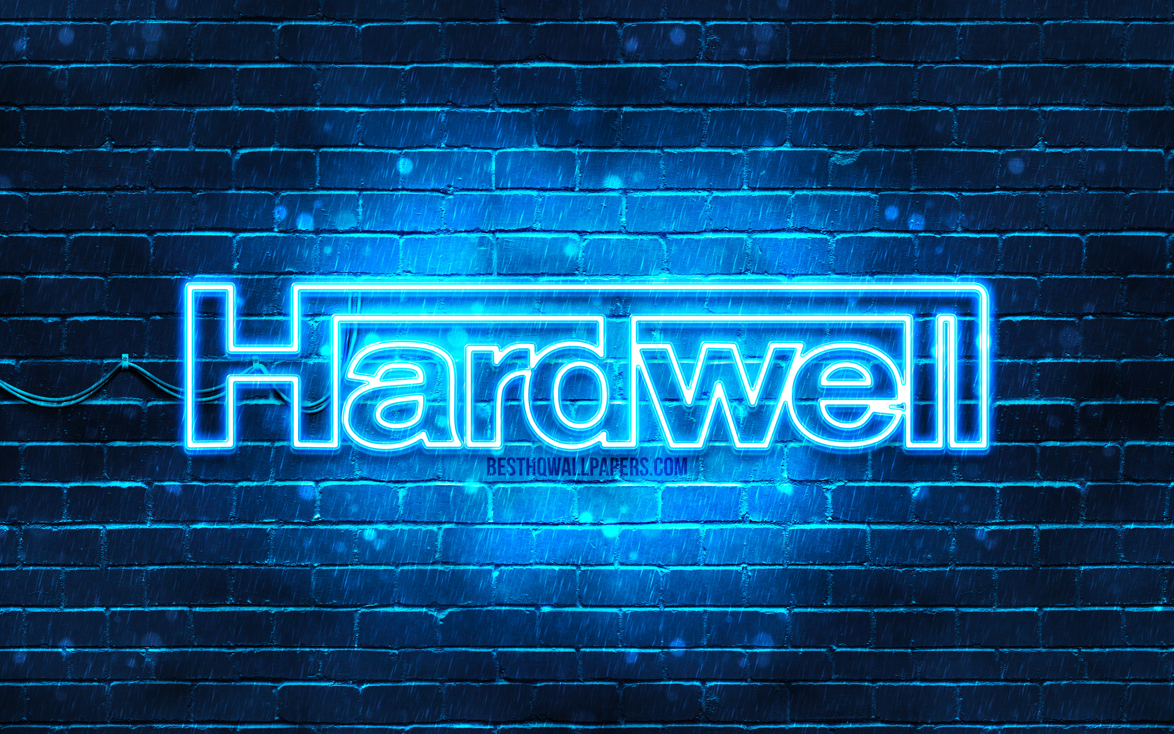 Download wallpaper Hardwell blue logo, 4k, music stars, dutch DJs, blue brickwall, Hardwell logo, Robbert van de Corput, Hardwell, superstars, Hardwell neon logo for desktop with resolution 3840x2400. High Quality HD picture