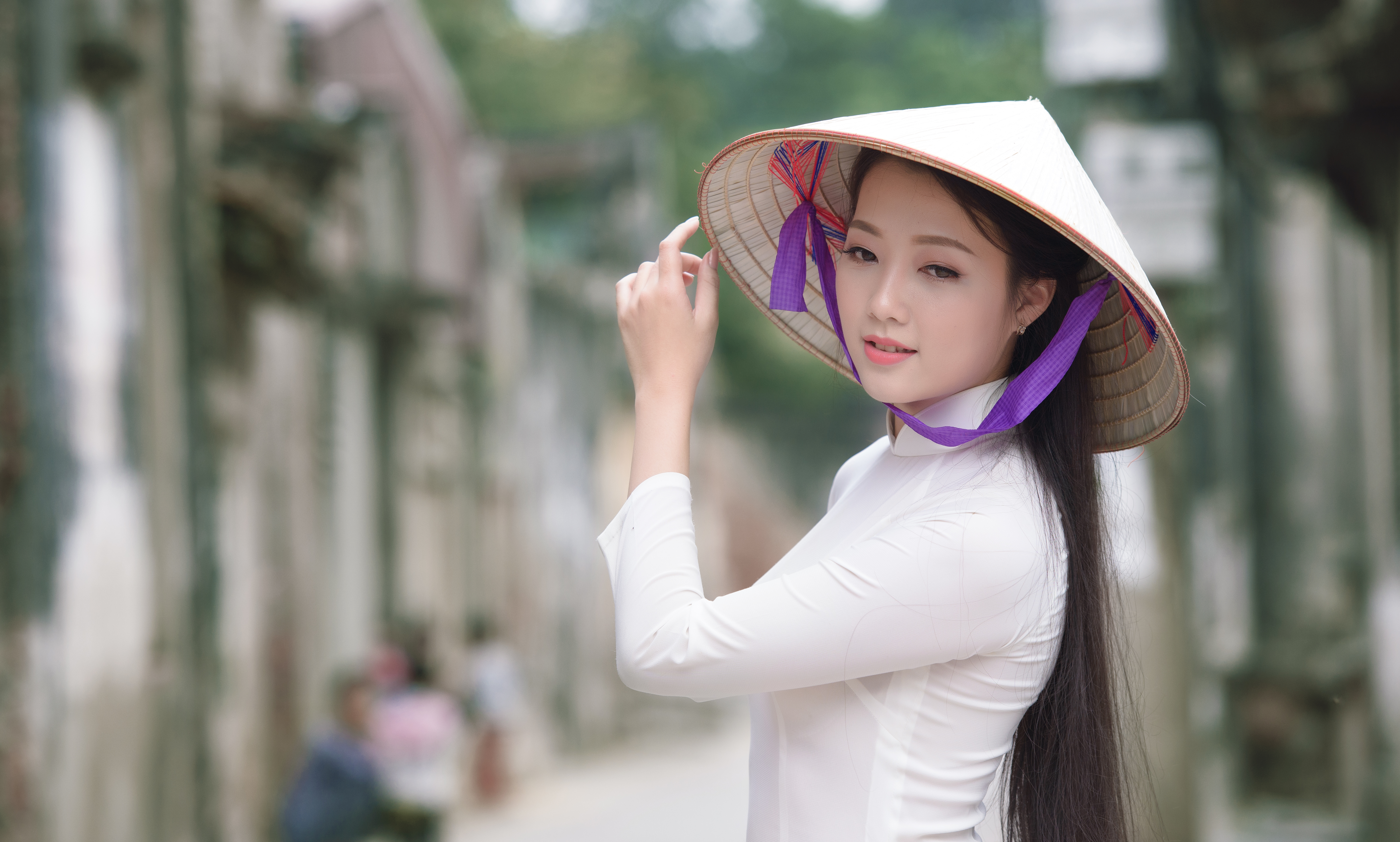 Ao Dai Asian Asian Conical Hat Girl Vietnamese Bokeh Wallpaper:6513x3919