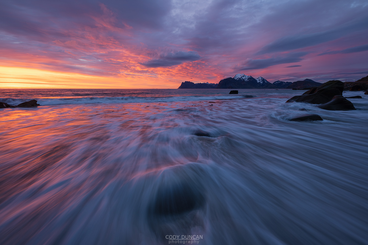 Midnight Sunset Over Beach. Friday Photo. Lofoten Islands Norway