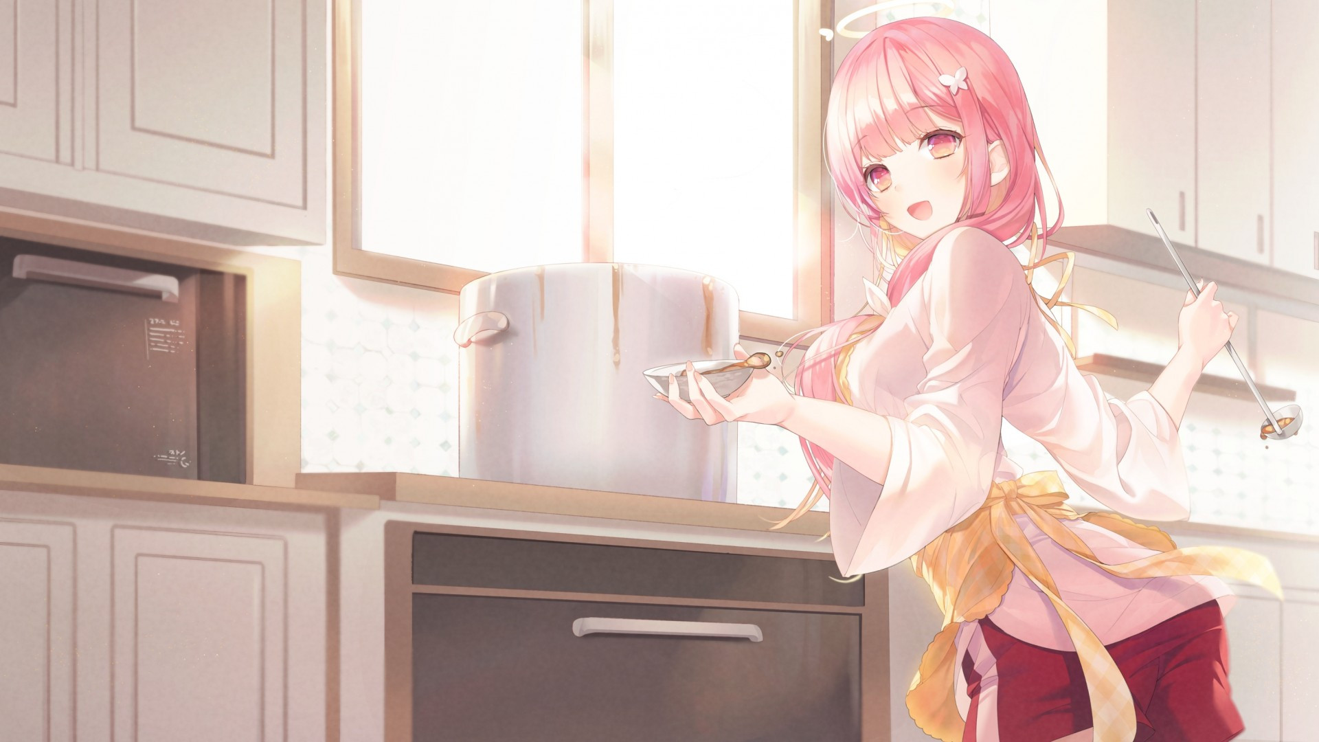 Download 1920x1080 Anime Girl, Cooking, Kitchen, Pink Hair, Smiling Wallpaper for Widescreen