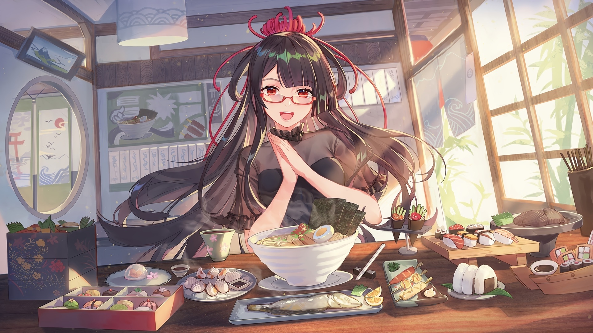 Wallpaper Food, Cooking, Ramen, Anime Girl, Meganekko, Onigiri, Long Hair:1920x1080