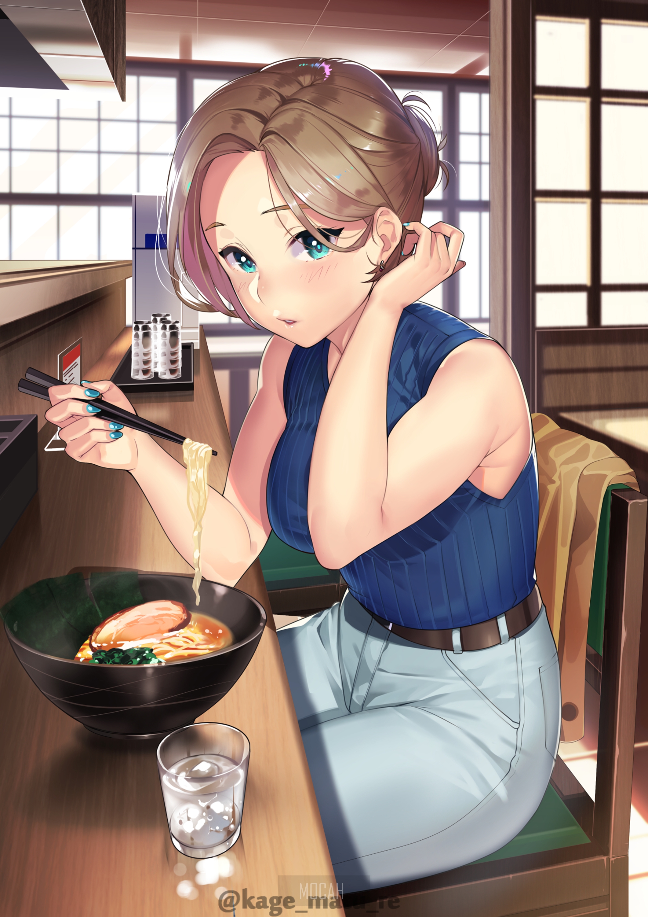 anime, anime girl, original character, food, anime girl eating, brunette, green eyes, restaurant, water, pants background, 2122x3000. Mocah HD Wallpaper