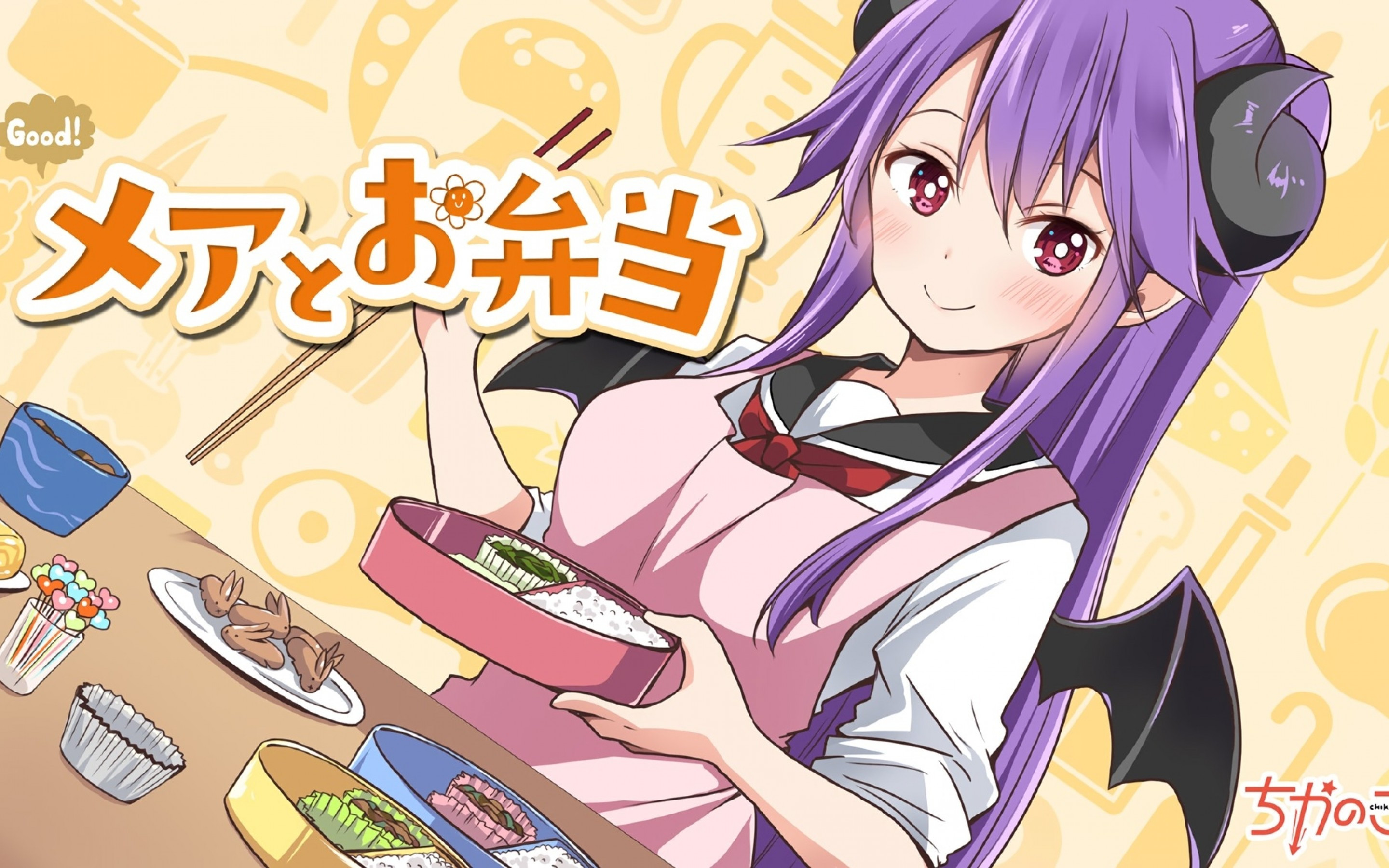 Download 2880x1800 Chikanoko, Demon, Anime Girl, Purple Hair, Cooking, Smiling, Apron Wallpaper for MacBook Pro 15 inch