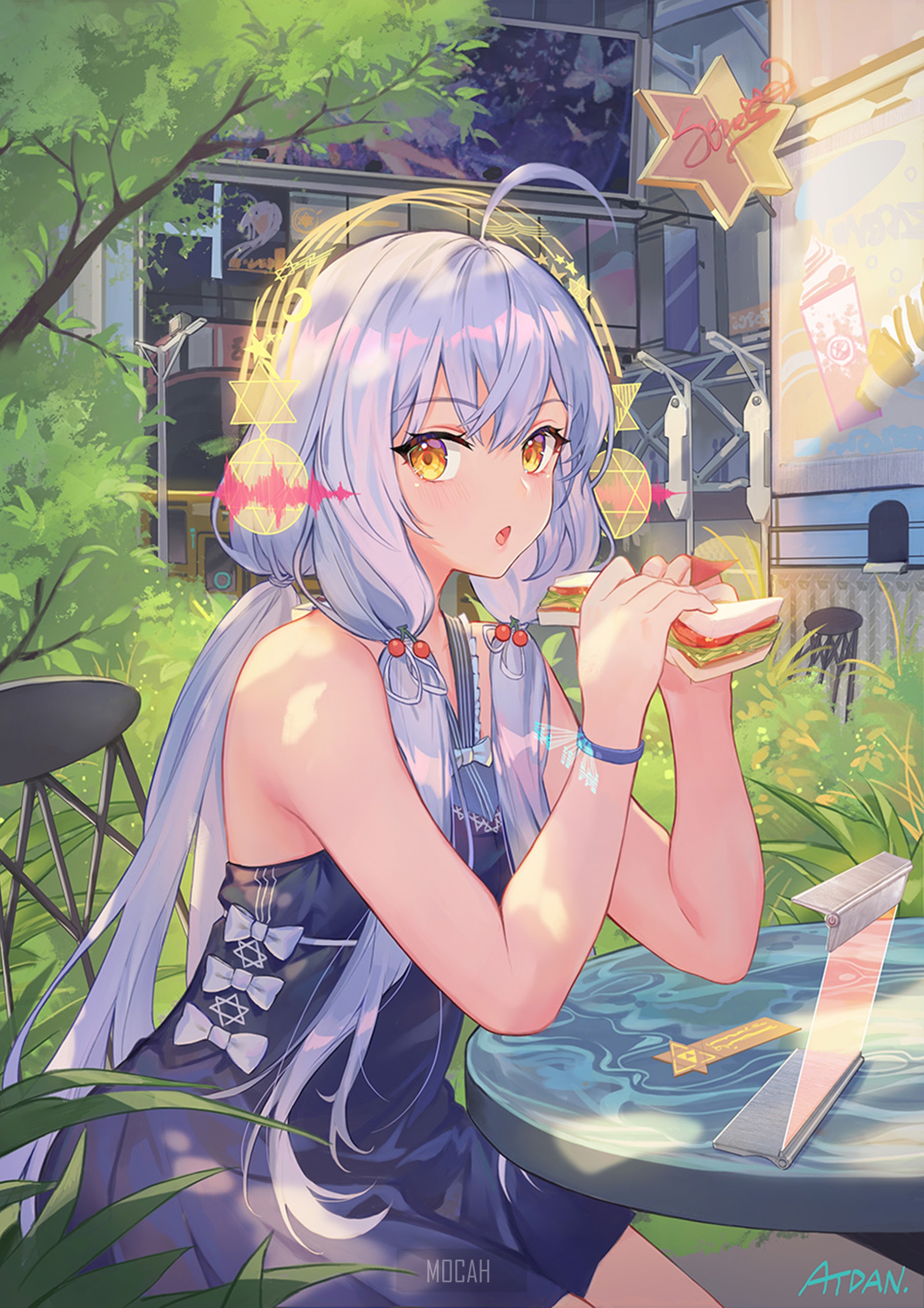 anime, anime girl, long hair, blue hair, yellow eyes, dress, bare shoulders, open mouth, anime girl eating, park, food, technology, headphones, plants, trees, Xingchen, Vocaloid, Atdan HD download, 2119x3000