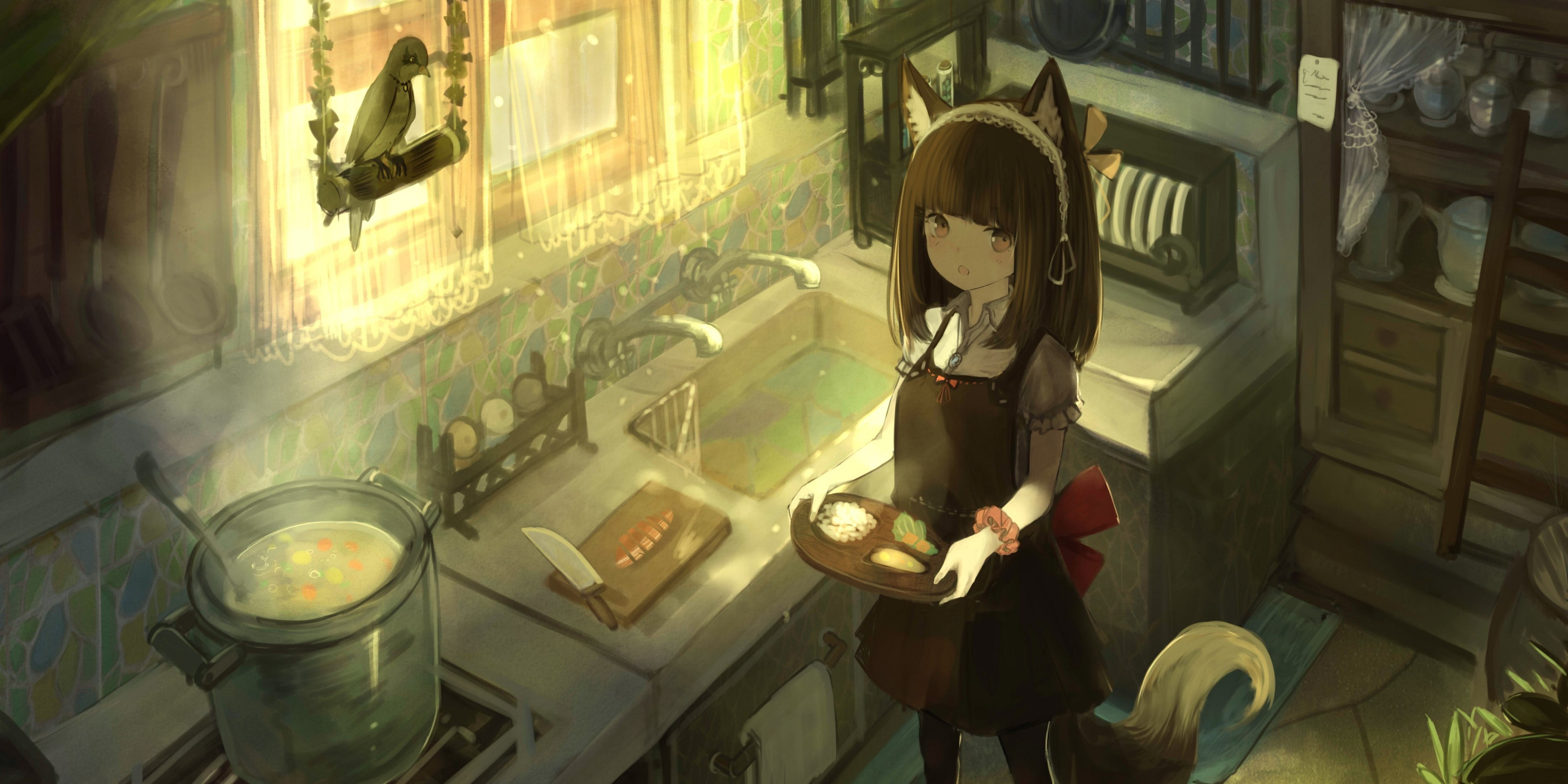 Download 4000x2000 Anime Fox Girl, Animal Ears, Kitchen, Cooking, Short Hair Wallpaper